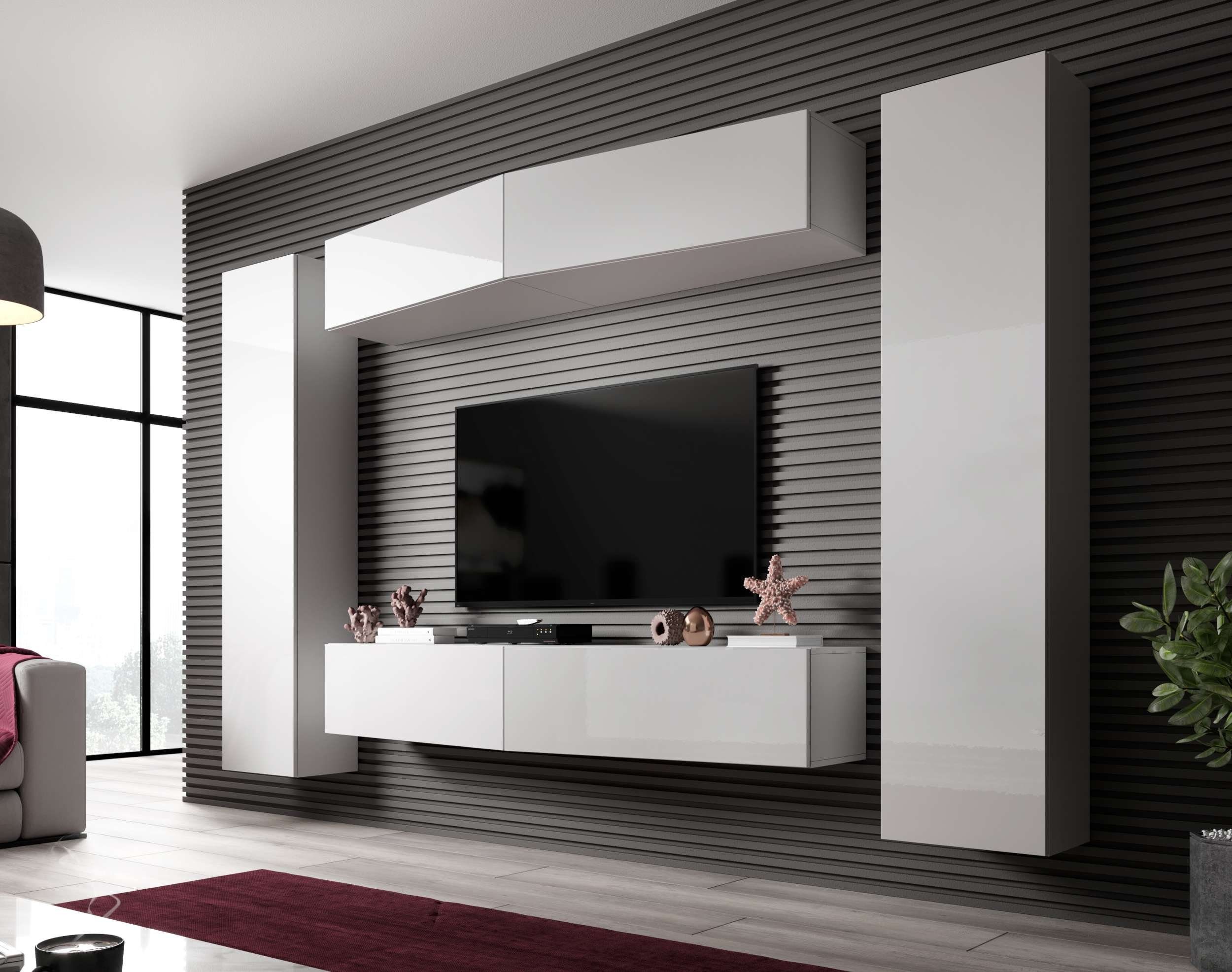 Stylefy Wohnwand Vago SLATE VII, (Set (6-St), Wohnmöbel, Wohnzimmer-Set), bestehend aus 2xHängevitrine und 4xHängeschrank, mit Push-to-Open, Modern Design, variabel hängbar Weiß Matt - Weiß Hochglanz | Wohnwände