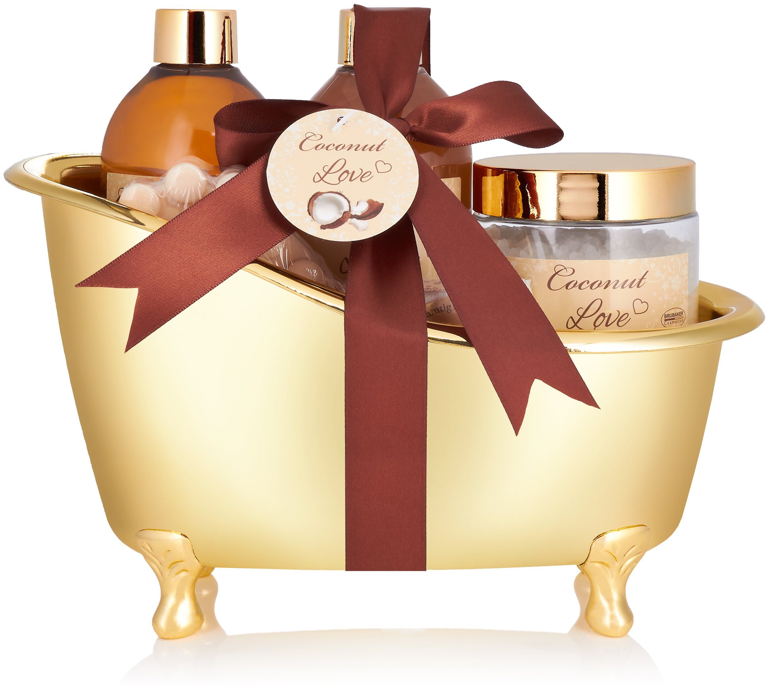 BRUBAKER Hautreinigungs-Set Bade- und Dusch Set mit Kokosnuss Duft, Wellness Beauty Badeset, 6-tlg., Frauen Geschenkset mit Deko Badewanne, Damen Pflegeset