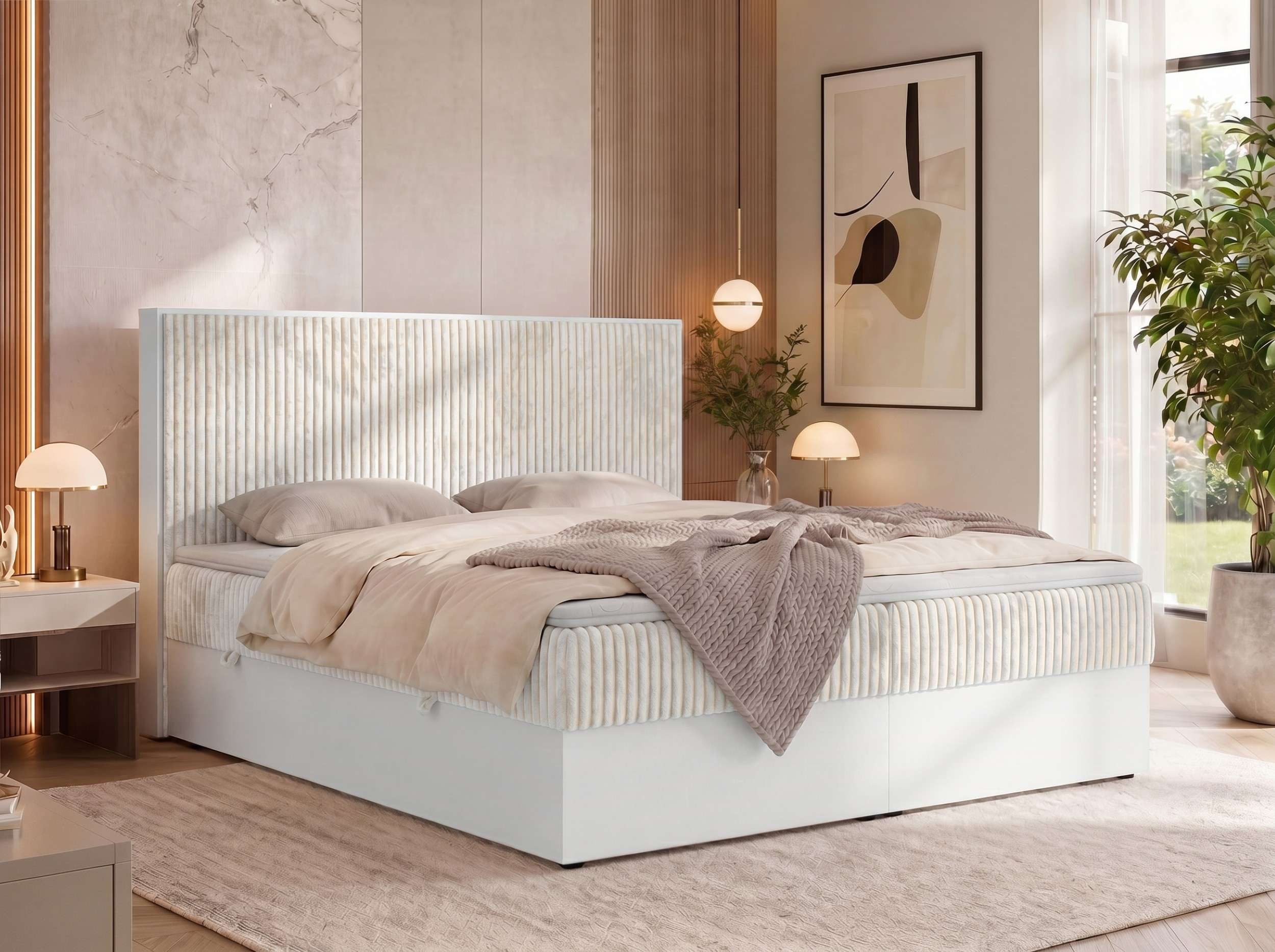 MKS MÖBEL Boxspringbett TRAVIT (Packung, Sett, Cordbett, Topper T25/Visco, hohe Kopfteil, Multipocket-Matratze), Doppelbett, Stauraum, weiße Deko-Möbelplattenelementen