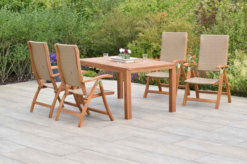 MERXX Garten-Essgruppe Capri, (Set 5-teilig, Tisch, 4 Klappsessel, Akazienholz mit Kunststoffgeflecht), Lieferung ohne Dekoration