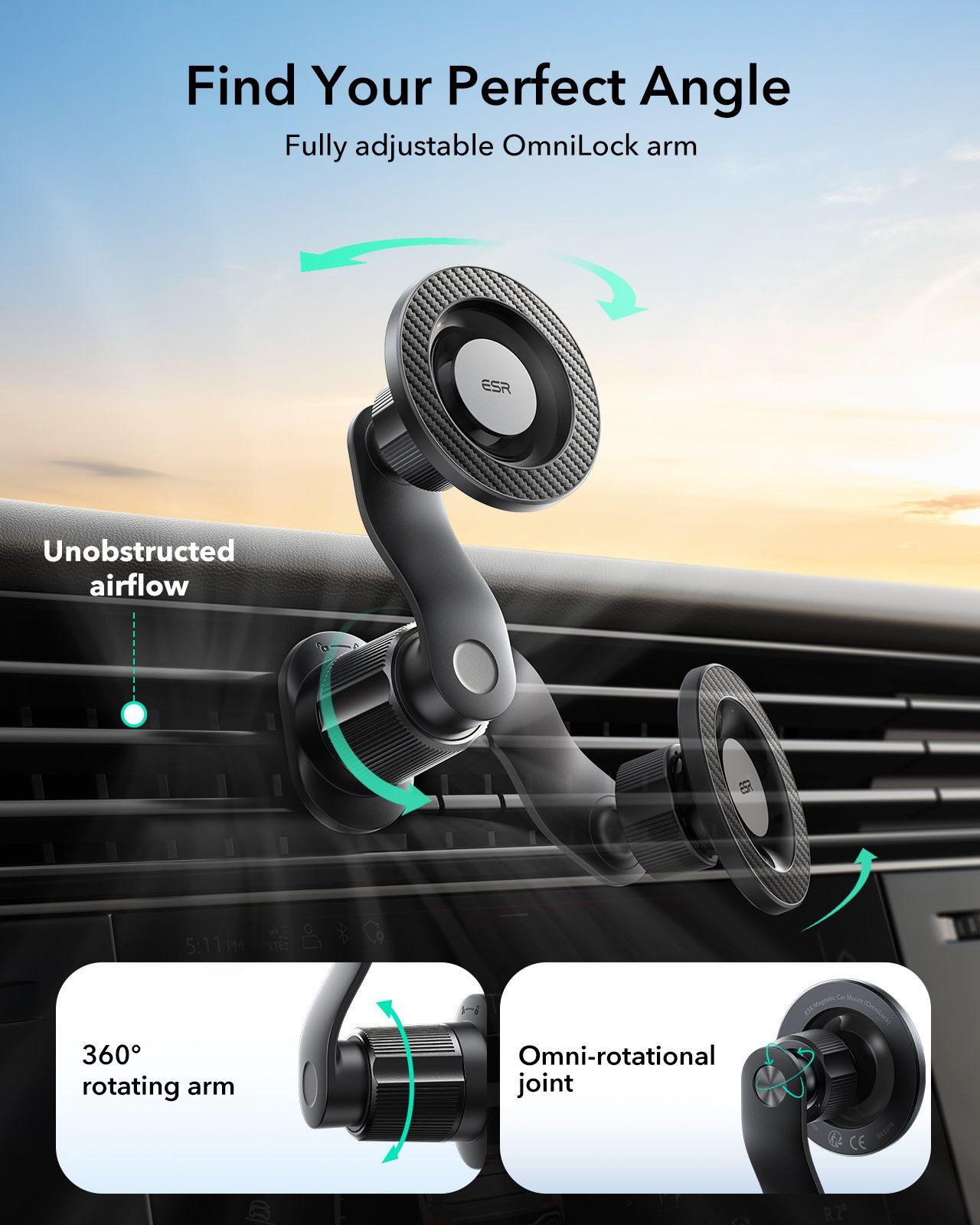 ESR Handy-Halterung OmniLock Magnetic Car Mount für Lüftungsschlitze, (für 10-32mm Lüftungsschlitzen, 360° Drehfunktion) – Bild 5 von 5