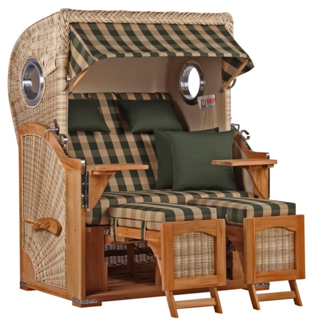 MR.DEKO Strandkorb Strandkorb Düne Volllieger Teak PE Shell -Geflecht Bullaugen 2-Sitzer, BxTxH: 125x80x170 cm, Ostsee-Strandkorb, (Premium-Strandkorb für Garten, Terrasse & Balkon), Aufgebaut geliefert, mit Schwenktischen, Edelstahlbeschläge, Lifter