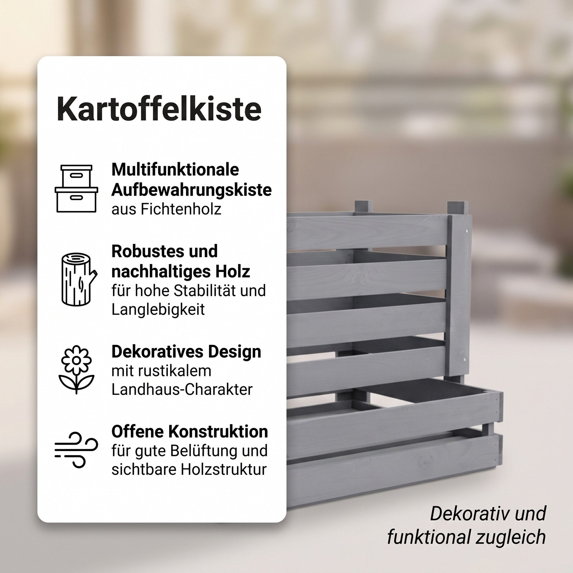 Mucola Holzkiste Vorratskiste Aufbewahrungskiste Apfelkiste Weinkiste Obstkiste (perfekt zur Lagerung frischer Vorräte, 1 St., optimale Luftzirkulation keine Feuchtigkeit und Wärmeansammlungen), großes Stauraumvolumen