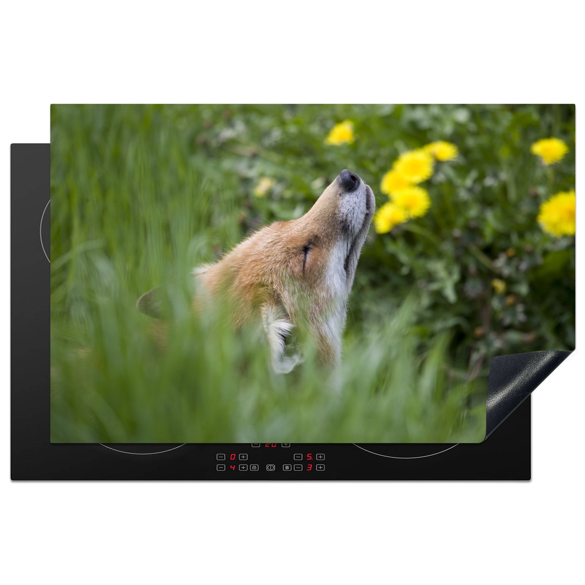 Schutz - Blumen tlg), küche, (1 Induktionskochfeld Ceranfeldabdeckung Fuchs Herdblende-/Abdeckplatte 81x52 Vinyl, MuchoWow - cm, die Gelb, für