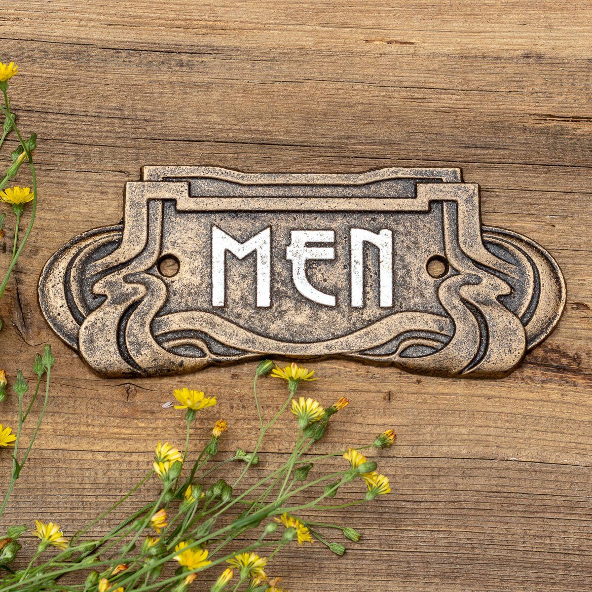Antikas Wanddekoobjekt Schild "Men", Herren-WC-Schild, Toilettenschild, Jugendstil, Gusseisen