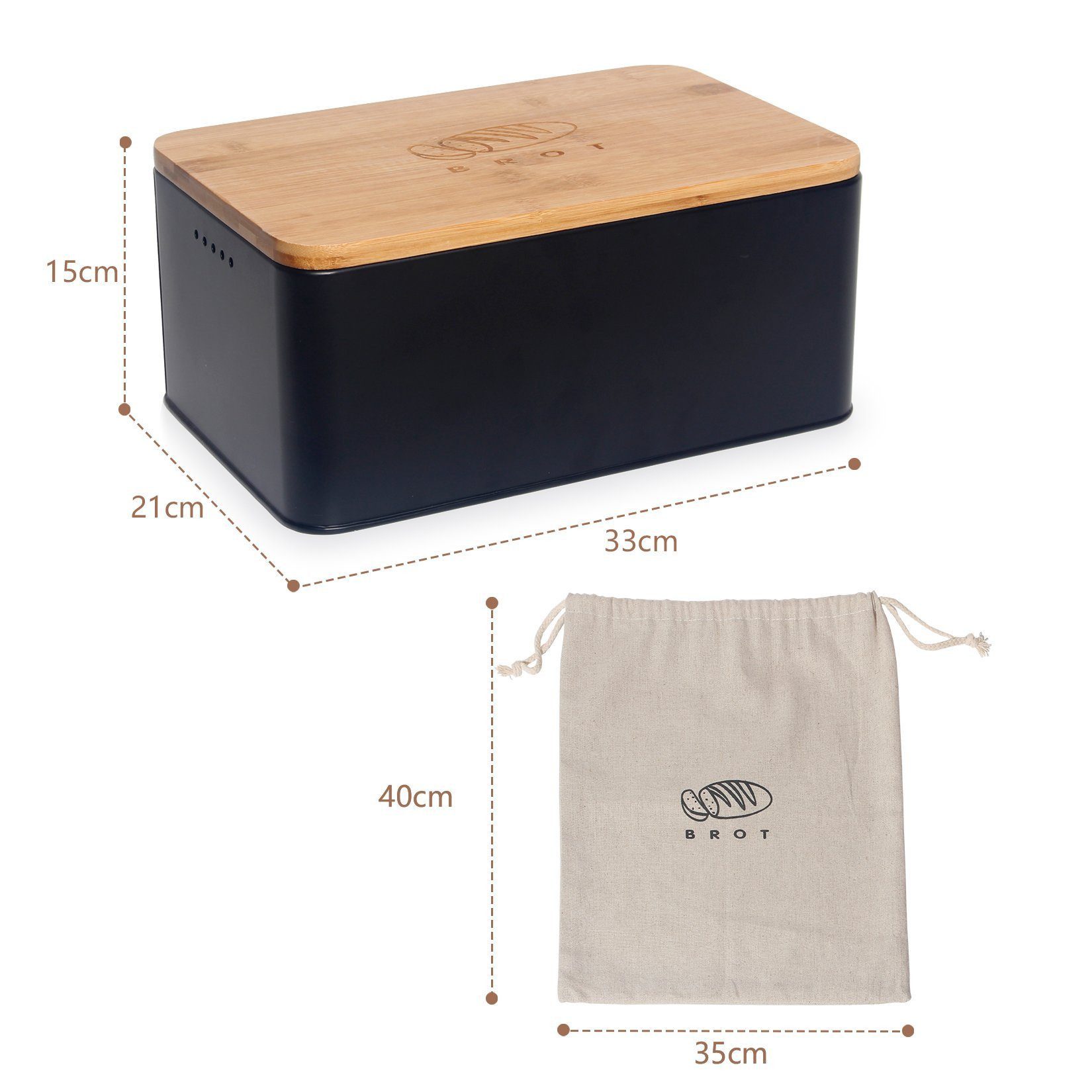 Zedelmaier Brotkasten Brotkasten mit Schneidebrett,MatteBrotbox mit Holzdeckel&Leinen beutel, (MBH006), Rundum Belüftung, Brotkorb für langanhaltende Frische 33x21x15cm