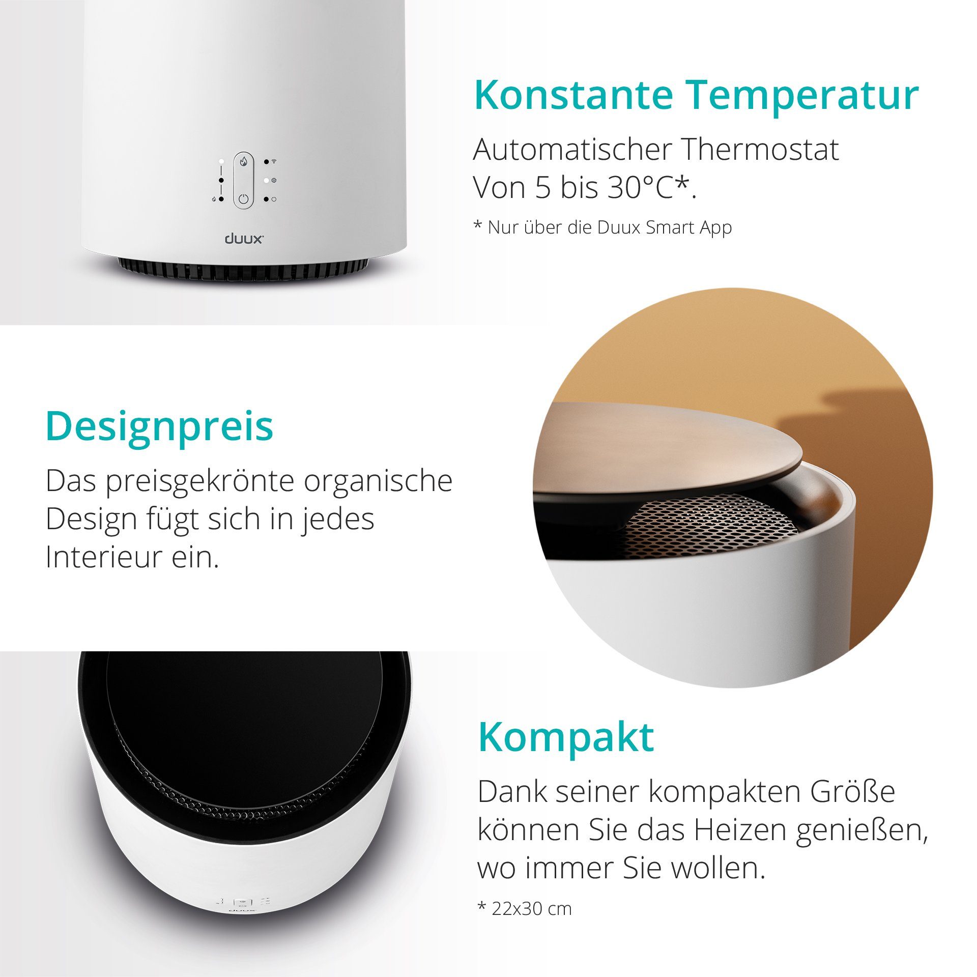 1.800 W, Weiß mit Steuerbar 360 Luftverteilung 2, Threesixty Grad Keramikheizlüfter Duux-App, DUUX