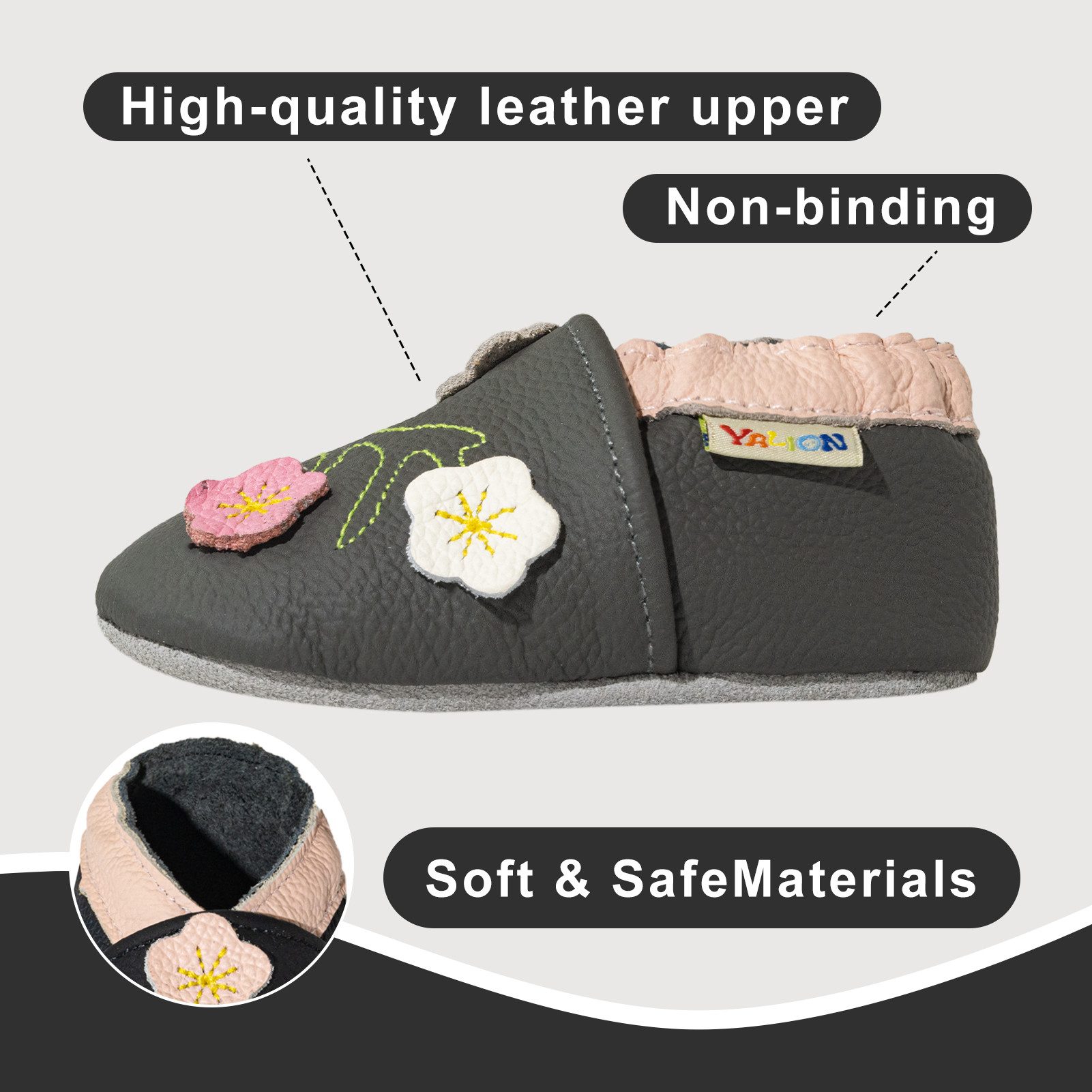 Yalion Weiche Leder Lauflernschuhe Hausschuhe Lederpuschen 3-Blumen Grau Krabbelschuh – Bild 5 von 5