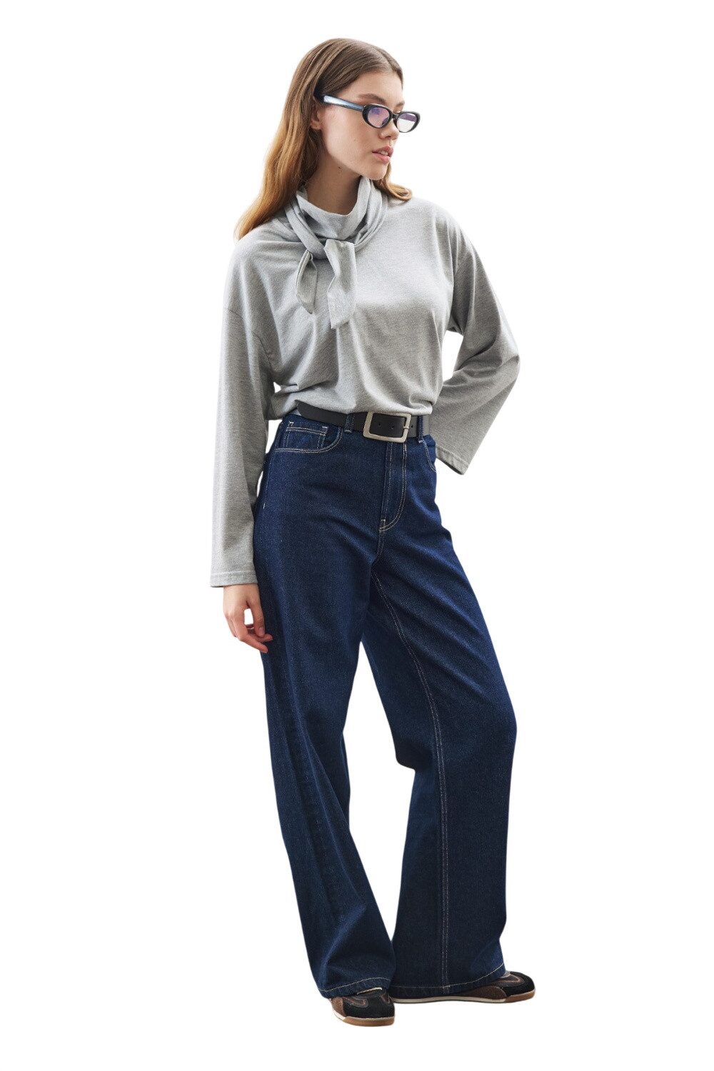 Blusentop Schwarze Bluse mit hohem Kragen und Bindebandverschluss