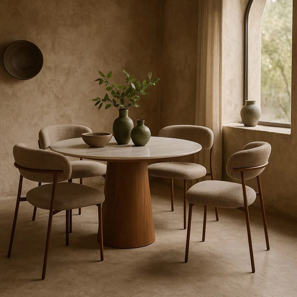 Sitheim-Europe Esstisch GAGAN Esstisch rund Keramik Marmordesign weiß 120 cm Nussbaum (2-St)