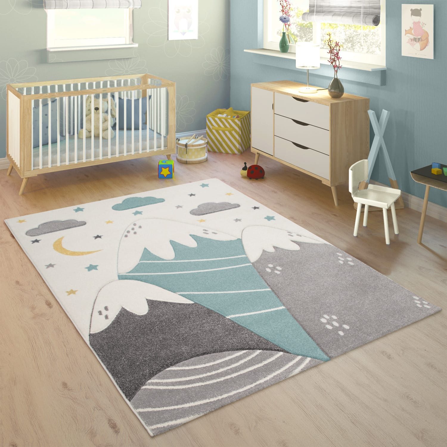 KADIMA DESIGN Kinderteppich Berge Kinderzimmer 100% Polypropylen schmutzabweisend Kinderteppich, Rechteckig, Höhe: 17 mm, Florhöhe: 13 mm, 80x150, Creme