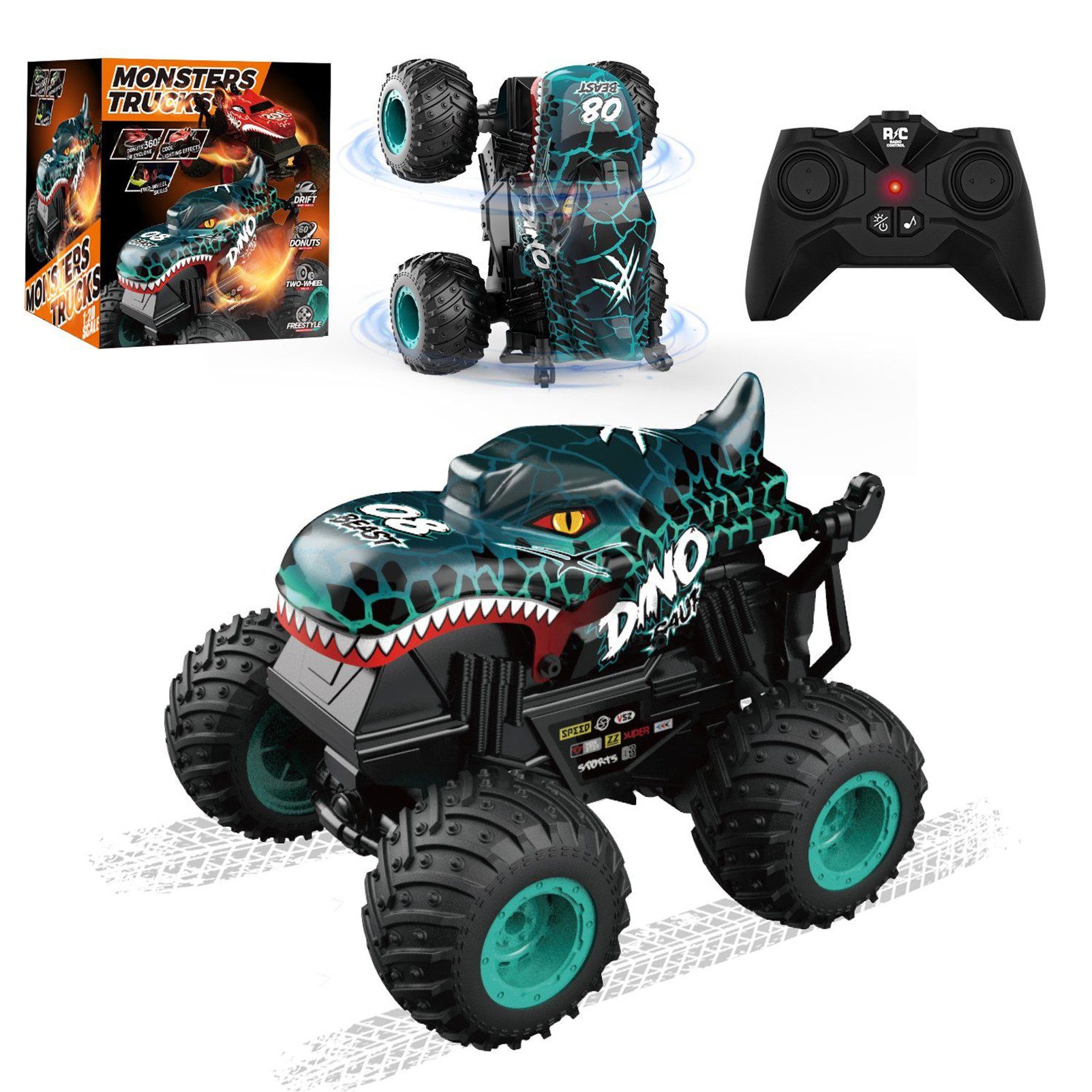 Esun RC-Auto Ferngesteuertes Auto, 2,4GHz20km/h RC Monstertruck mit Aufrecht Gehen (Packung, Komplettset), Ferngesteuerter Monster Truck, 360°Drehung, LED-Licht und Musi