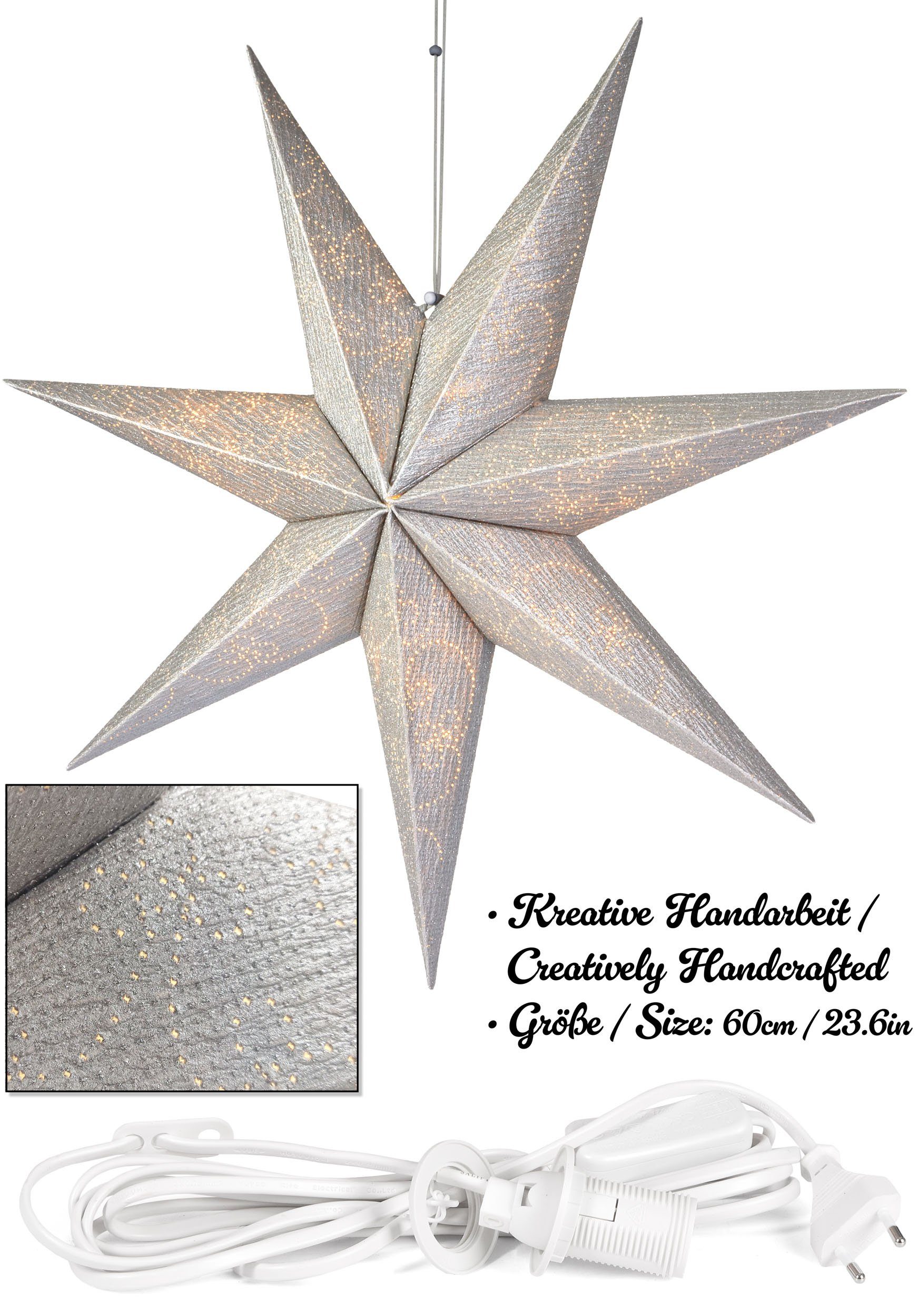 BRUBAKER Dekostern 60 cm Weihnachtsstern für Innen - Adventsstern mit E14 Fassung Hängend, 1 St., 3D Papierstern mit 3,5m Kabel - Fenster Stern Weihnachten Leuchtstern