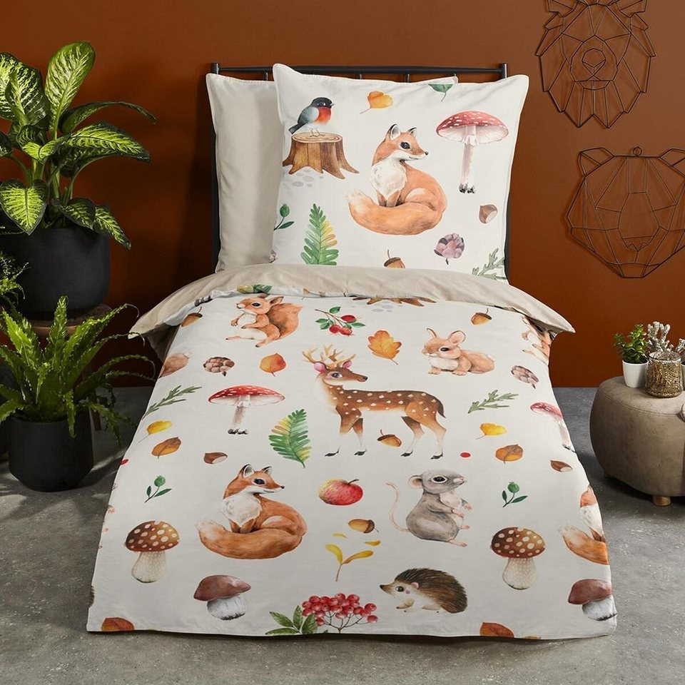 TRAUMSCHLAF Bettwäsche Waldtiere, Flanell, 2 teilig, herrlich weich und warm, Bettbezug