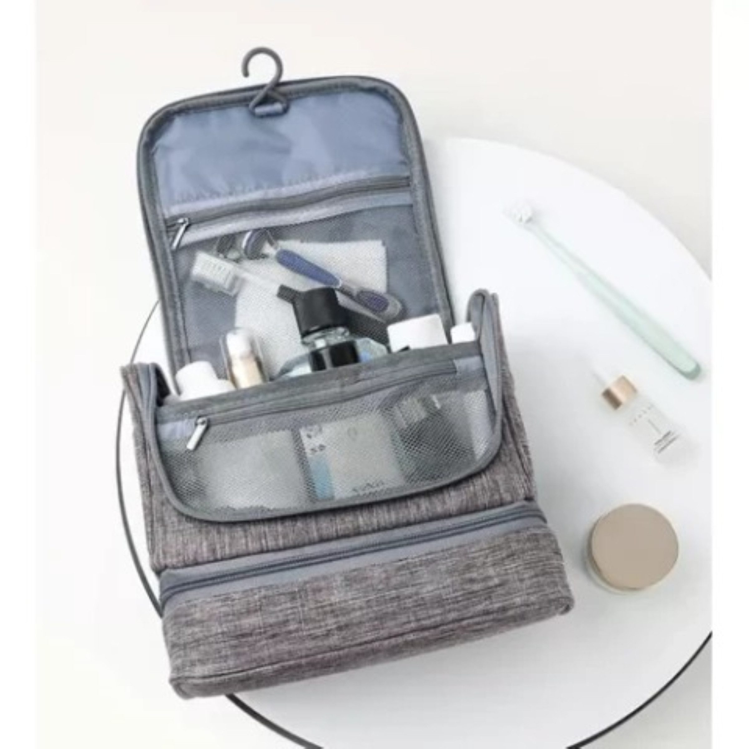 soulima Kosmetiktasche Hängende Kosmetiktasche Reise Kulturbeutel mit Thermofach Grau (Hängende Kosmetiktasche mit Thermofach und vielen Organizer-Fächern, Reise-Kosmetiktasche mit Aufhängehaken und praktischen Fächern), Wasserdicht Hängendes Design Viele Fächer Thermofach