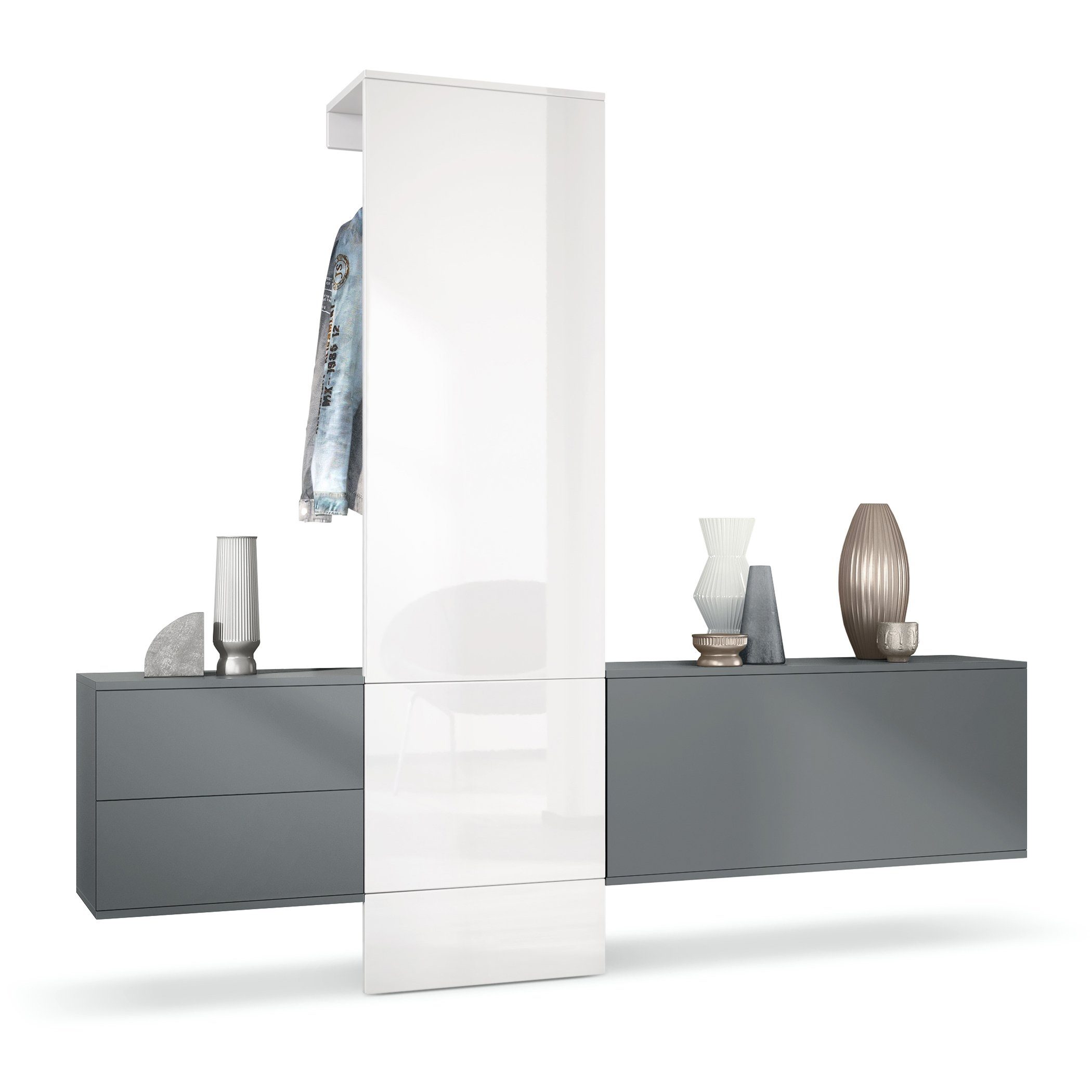 Vladon Garderoben-Set Carlton Set 1, (Wandgarderobe bestehend aus, 1 Paneel, 1 Schubkastenschrank und 1 Schrankmodul), Anthrazit matt/Weiß Hochglanz (209 x 193 x 35 cm)
