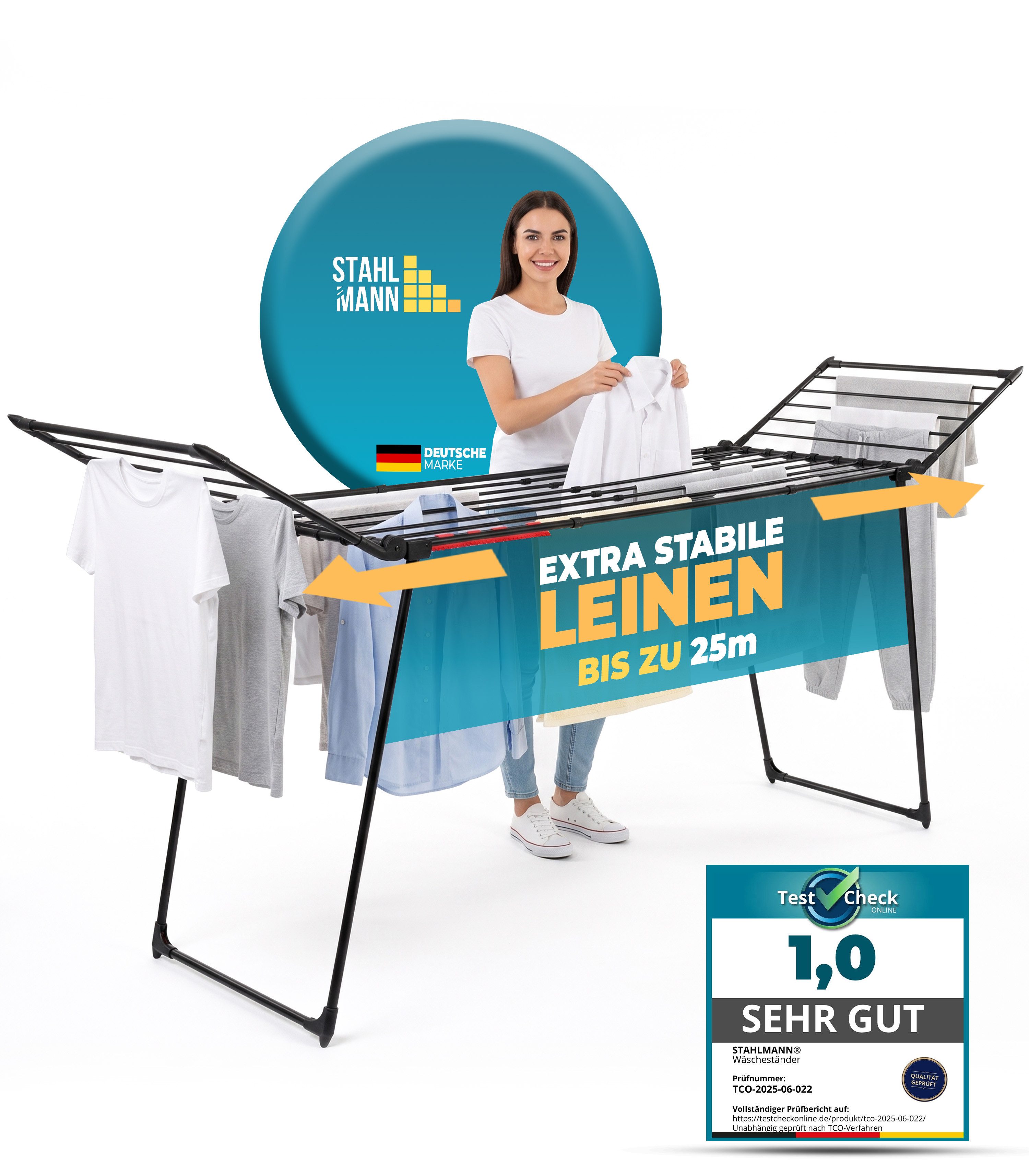 STAHLMANN COMMERCE GmbH Wäscheständer Premium XL [25 m Trockenfläche], Ausziehbar, Rollen, Made in EU, 25 m Trockenfläche · Ausziehbar · Made in EU