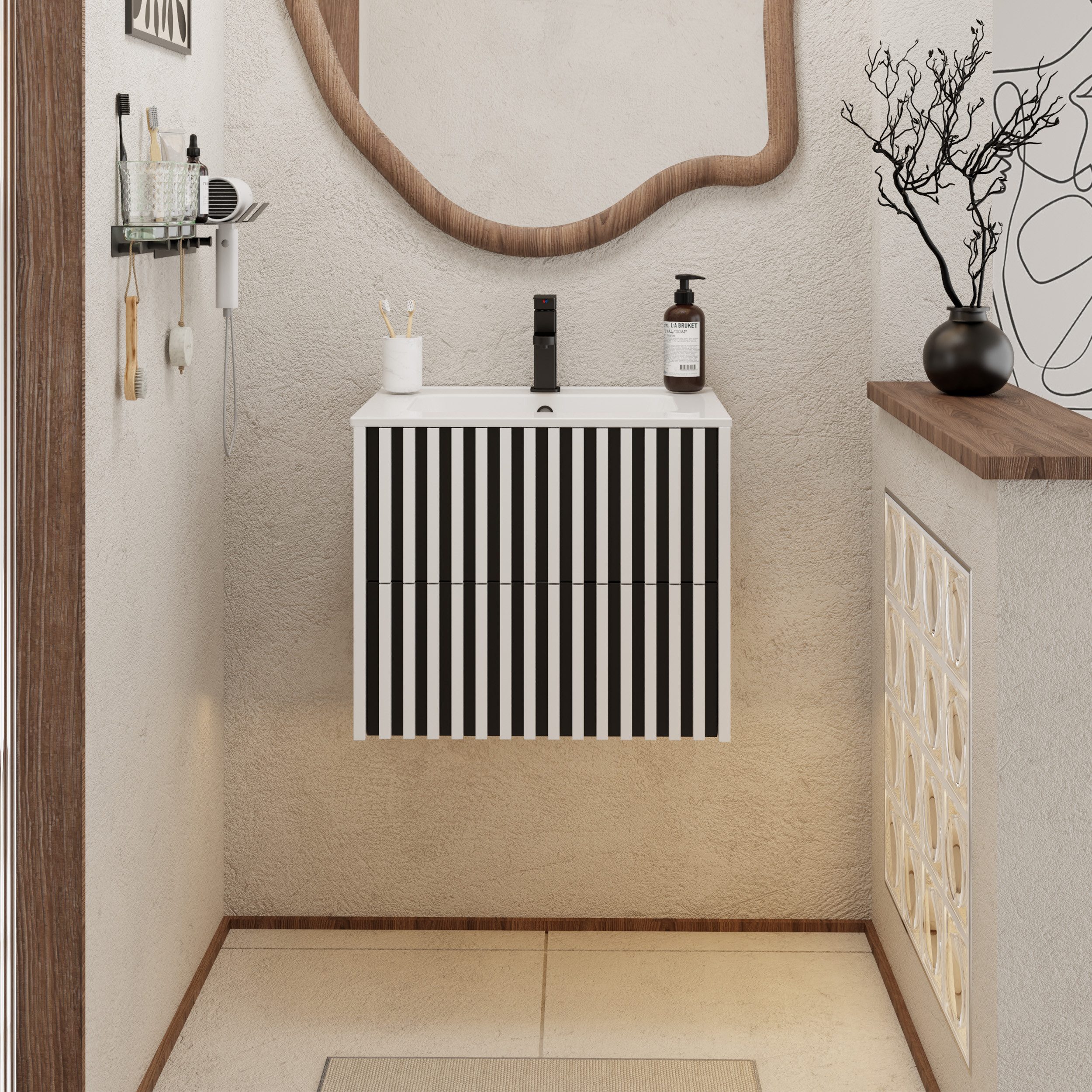 UEV Waschtisch Waschbecken mit Unterschrank set Badmöbel Gäste-WC (mit Wasserhahn und Pop-up-Ablassventil, Soft-close Schubladen,Waschbeckenunterschrank mit 2 Schubladen), Badezimmmer Schrank für Gäste WC, Komplett-Set Badmöbel