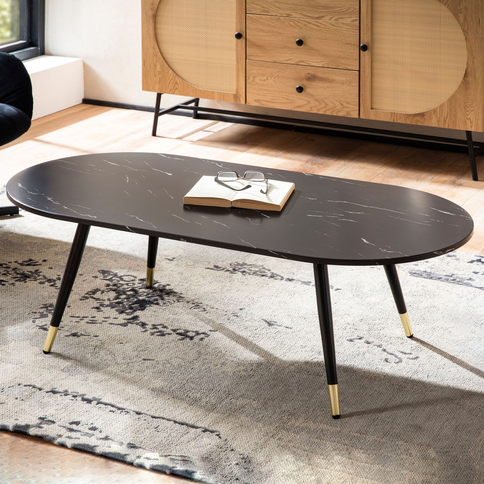 FINEBUY Couchtisch FB58933 Sofatisch Marmor Optik 120 cm Wohnzimmertisch Tisch Modern (Wohnzimmertisch Kaffeetisch mit Metall-Gestell), 120x60x41,5 cm, Sofatisch mit Marmor Optik