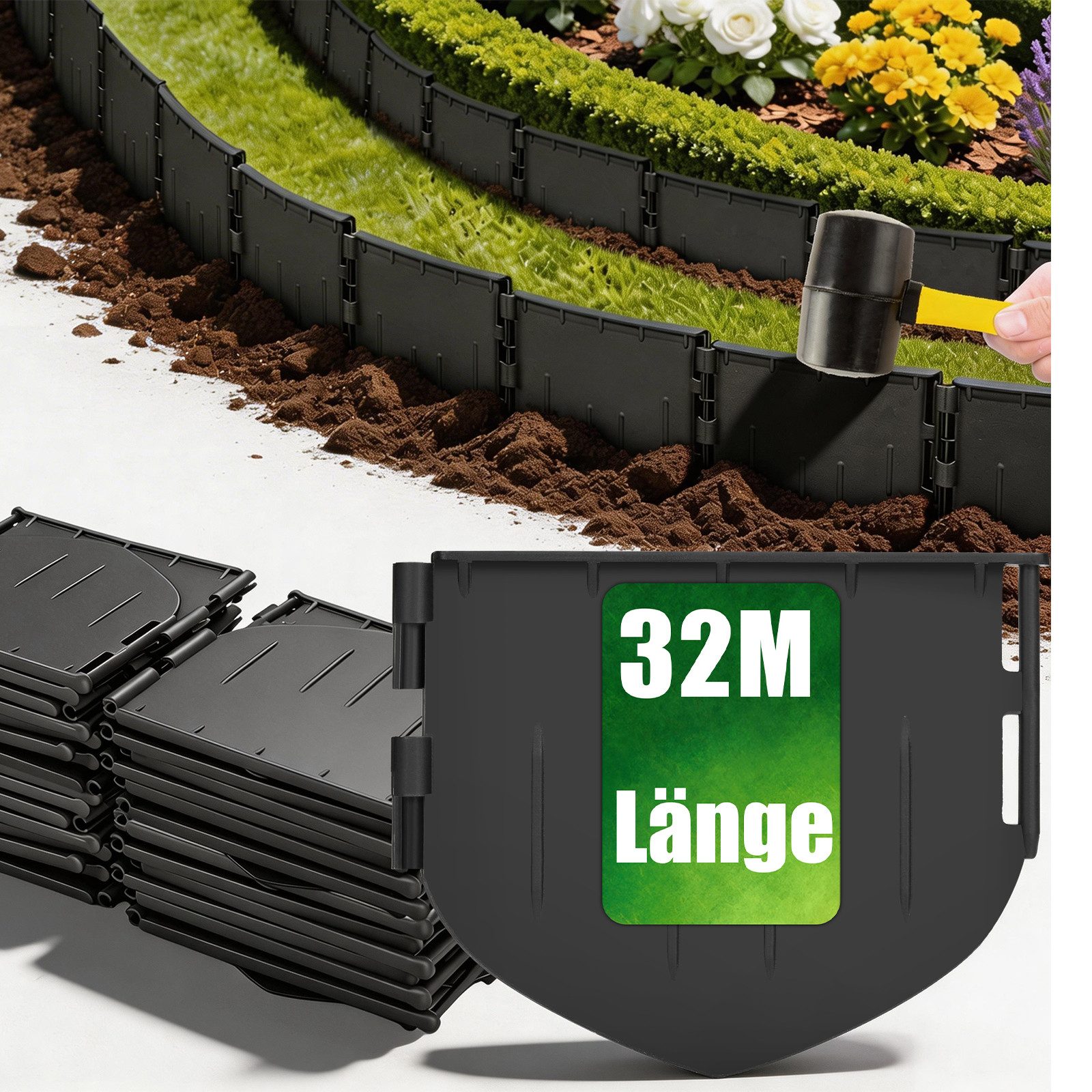XERSEK Rasenkante Kunststoff Beetumrandung 32,1m Gartenzaun Beeteinfassung Palisaden, Einfach einschlagen, Keine Gräben ausheben, 153x131mm pro Stück, Kombinierbar Gartenborder für Beete, Wege, Rasen und Weitere Formen