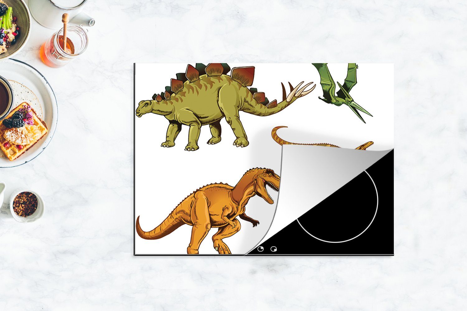 MuchoWow Herdblende-/Abdeckplatte 70x52 Dinosaurier nutzbar, cm, Mobile tlg), Jungen - (1 - Arbeitsfläche Kinder, Ceranfeldabdeckung Vinyl, Zeichnung 