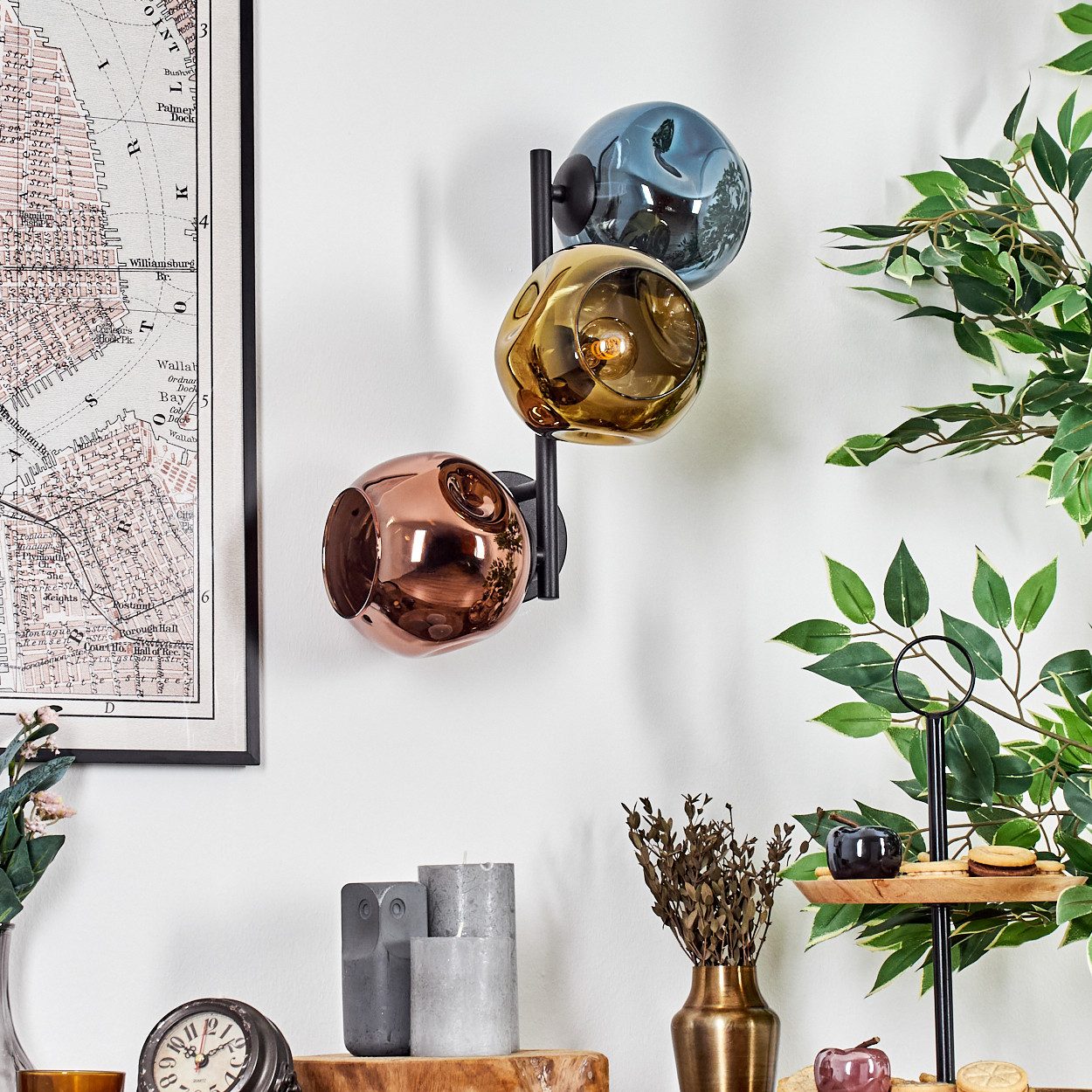 hofstein Wandleuchte Wandlampe aus Metall/Glas in Schwarz/Kupfer/Blau/Gold, moderne Leuchte im Retro/Vintage-Design (Schirme Ø 15 cm), E14