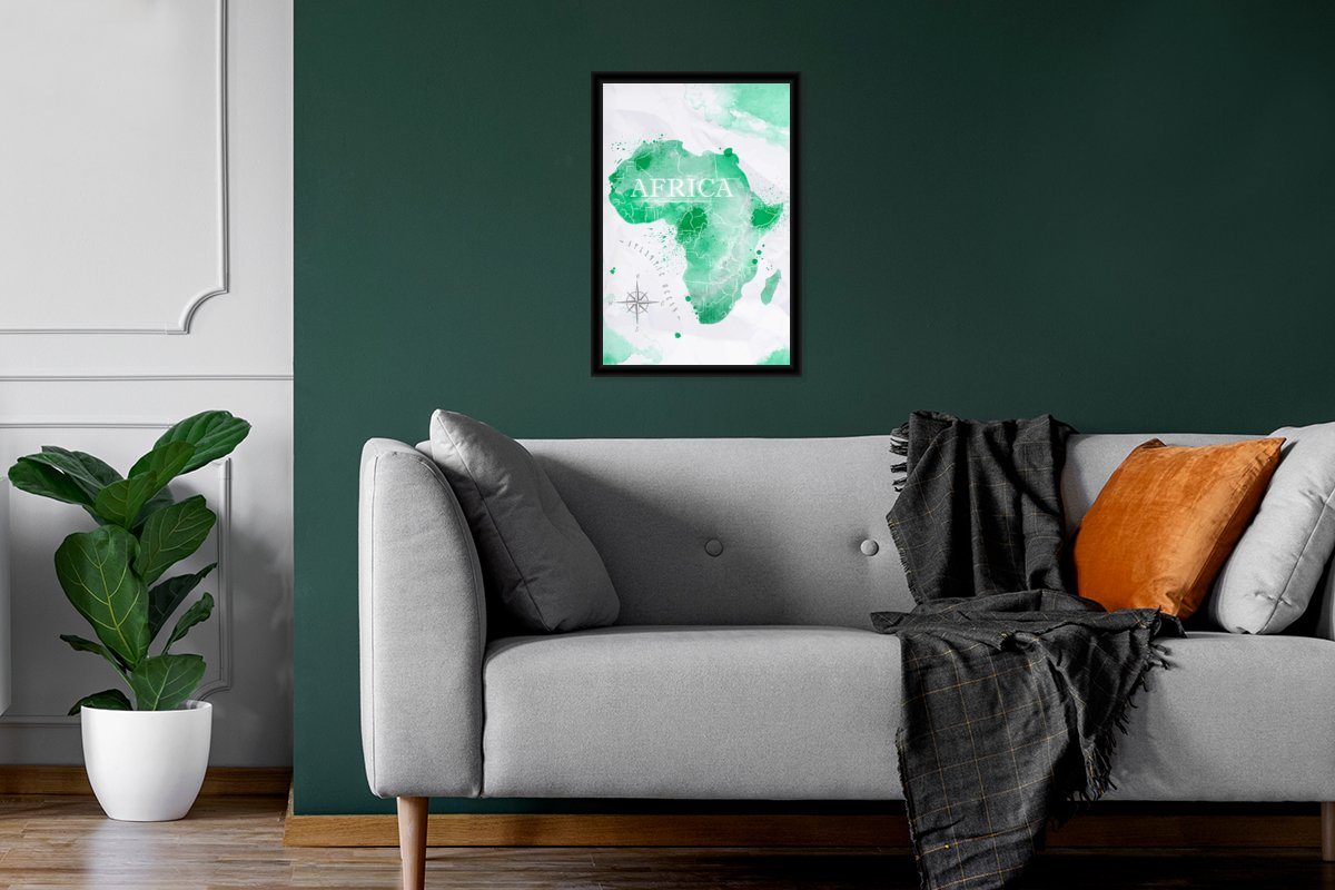 Wanddeko, St), Bilderrahmen Aquarell, Poster Weltkarte Bilder, Afrika (1 - Gerahmtes - Schwarzem Poster, Wandposter, MuchoWow