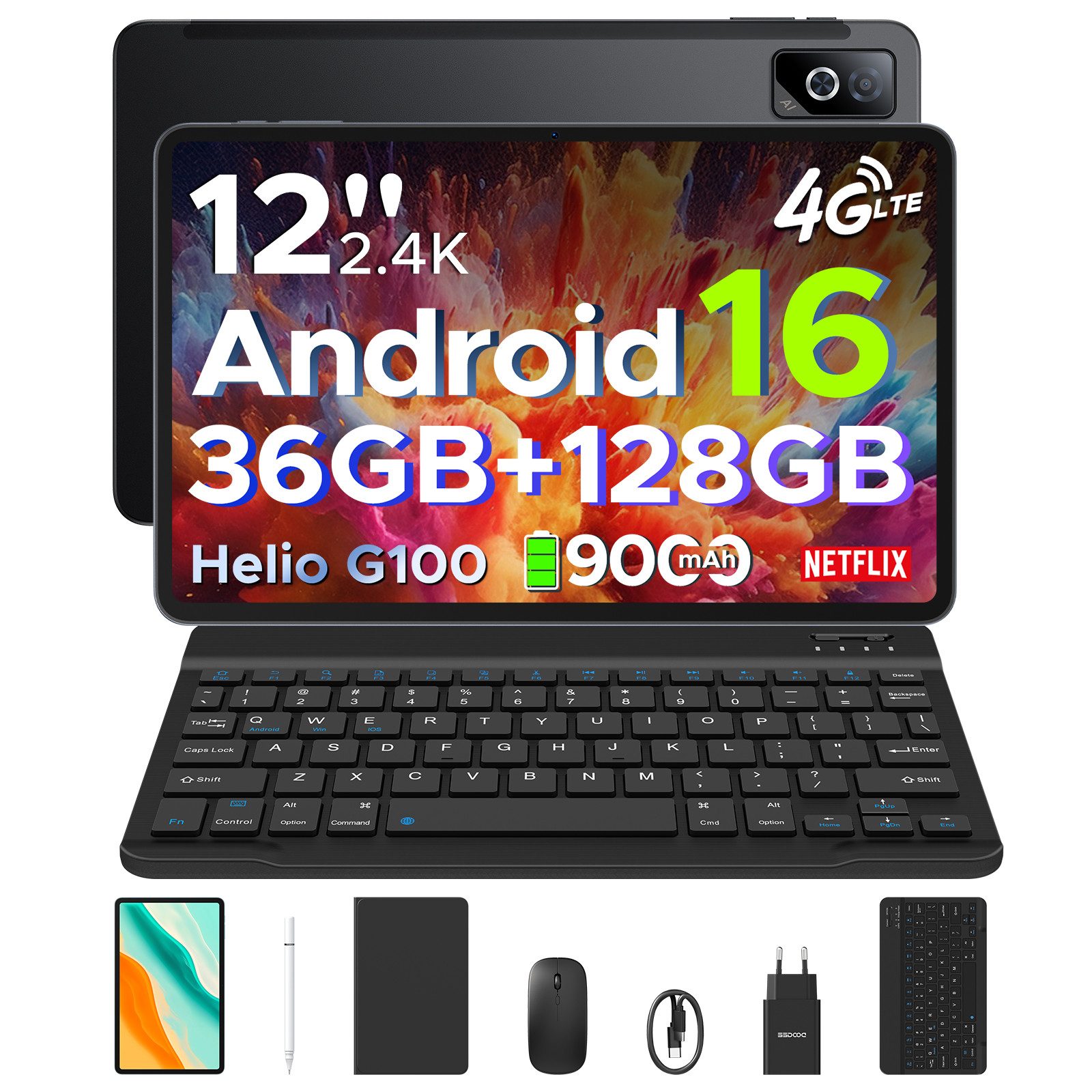 DOOGEE Tab G6 Pro 12'' Tablet mit Tastatur Android 16, 2.4K 90Hz, 128GB/2TB Tablet (12", 128 GB, Android 16, Wifi, Helio G100 Octa-Core, 9000mAh, 8GBRAM, Face ID/Gemini AI)