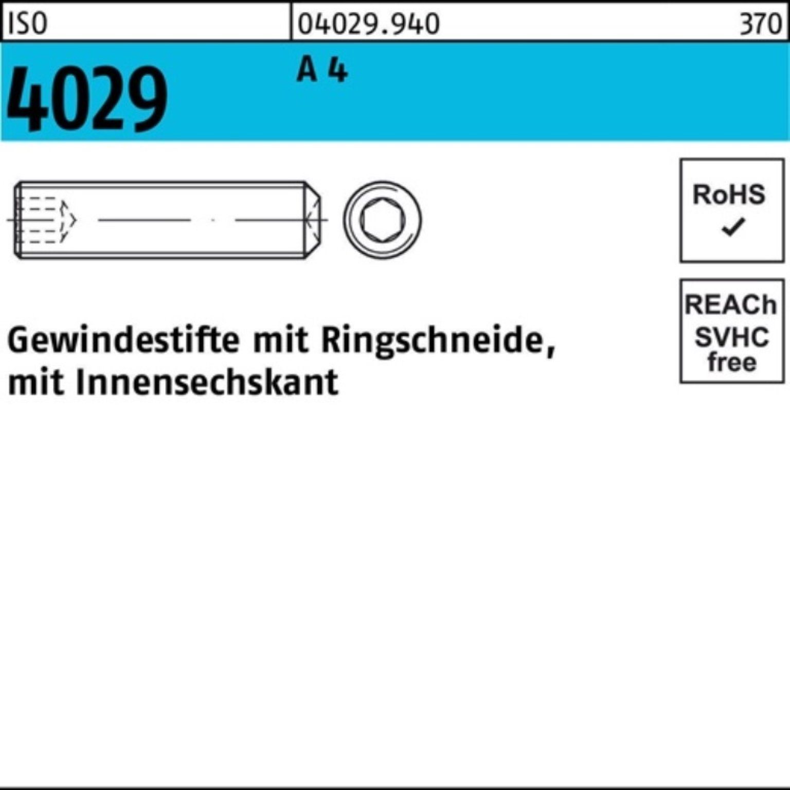 Reyher Gewindebolzen 500er Pack Gewindestift 5 4 Ringschneide/Innen-6kt M2x A ISO 500 4029