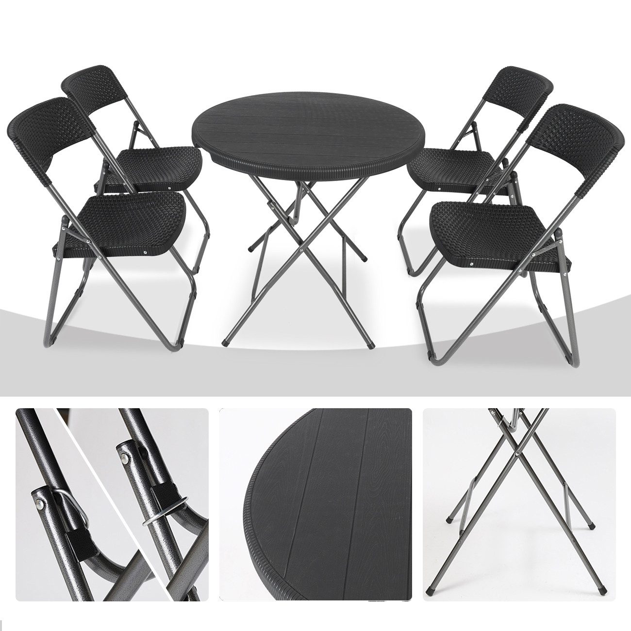 Sekey Garten-Essgruppe PE-Rattan Gartenmöbel-Set für 4 Personen, 4 Stühle mit Tisch klappbar, (5-tlg), Balkonset 4 Personen Balkonmöbel Set, Klappbar Gartentisch mit Stühlen