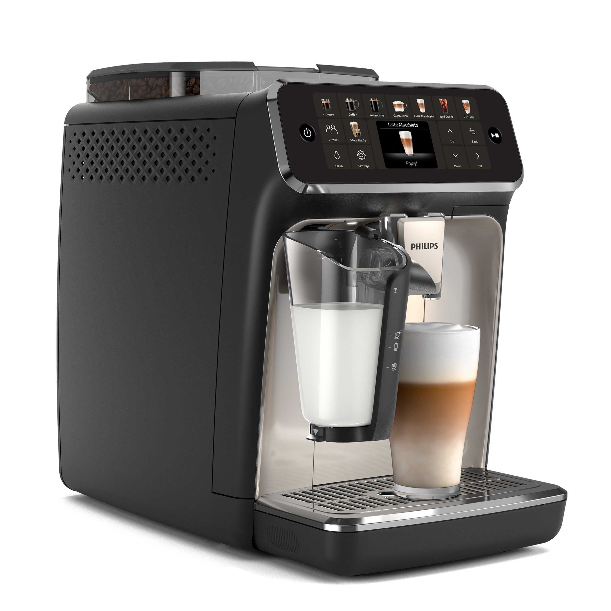 Philips Kaffeevollautomat EP5547/90 5500 Series, 20 Kaffeespezialitäten (heiß oder eisgekühlt), Chrom-Schwarz, LatteGo-Milchsystem, SilentBrew Technologie, Schwarz verchromt