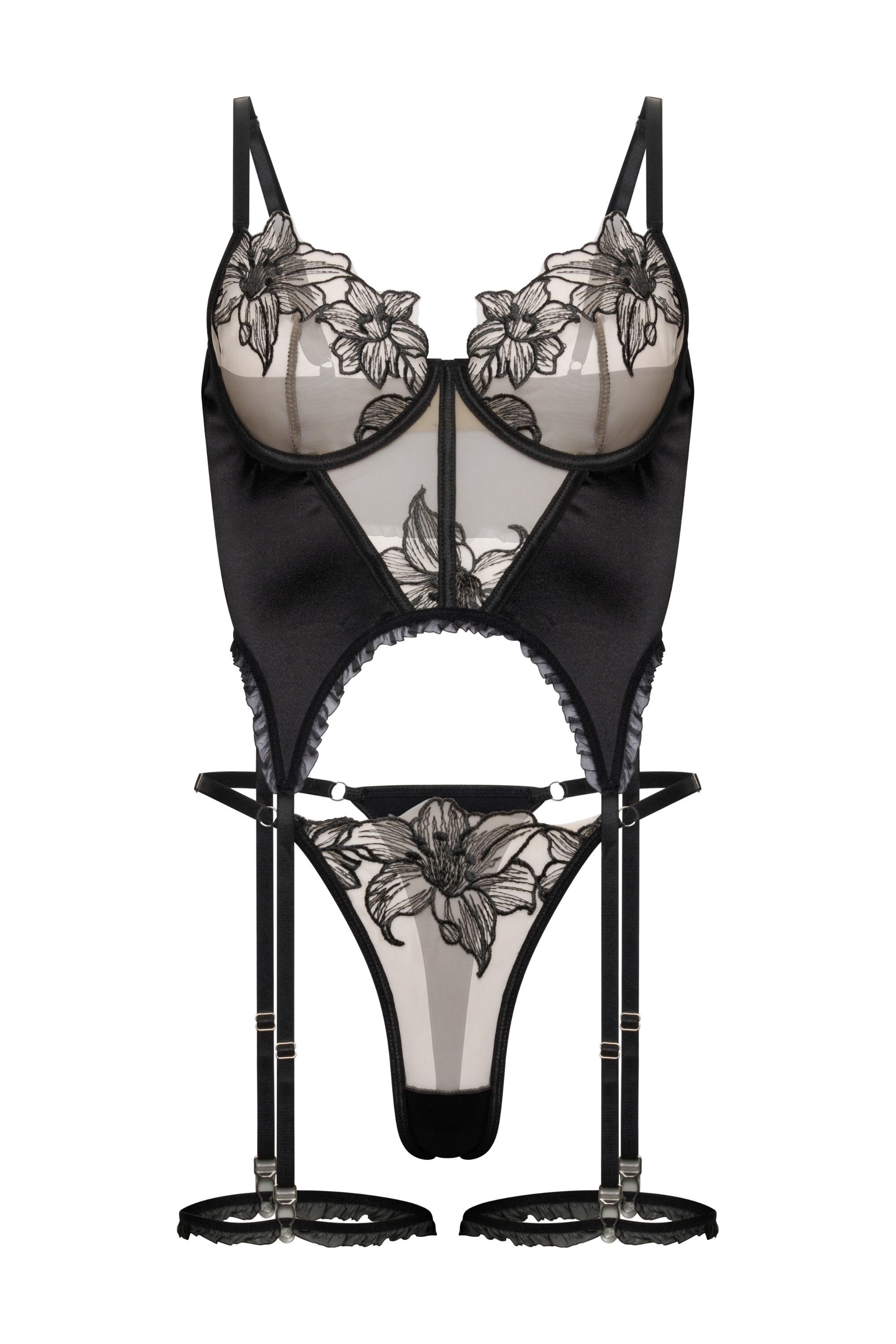 Elegant Love Set: Corsage Sexy Dessous-Set, Lingerie-Set aus floraler Spitze (Set, 3-tlg., String mit Riemchen-Design, Strumpfhalter-Bändern, Bügel-Corsage) Transparente Damenunterwäsche – Reizwäsche