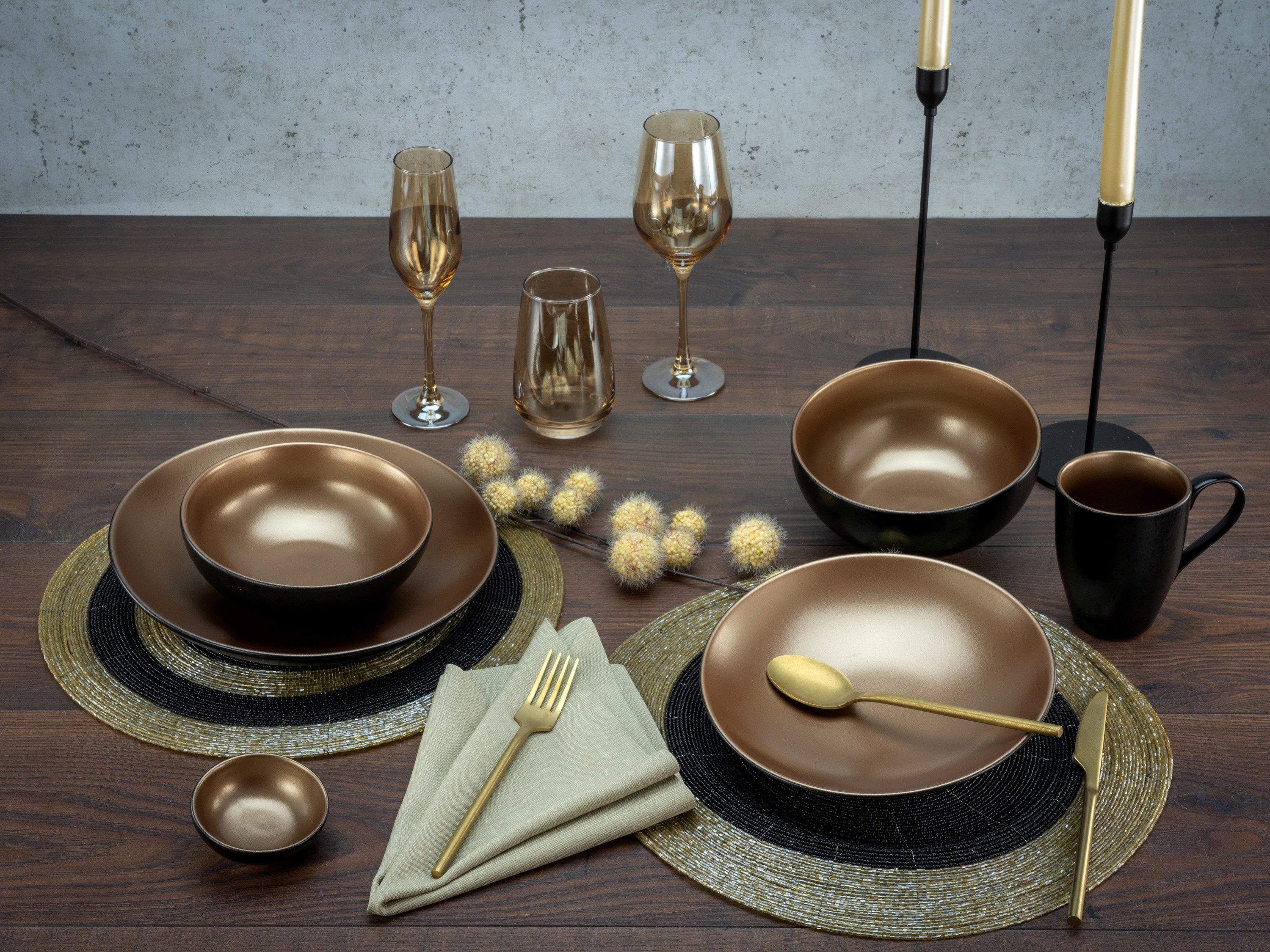 CreaTable Kombiservice Glamour Gold gold (8-tlg), 2 Personen, Steinzeug