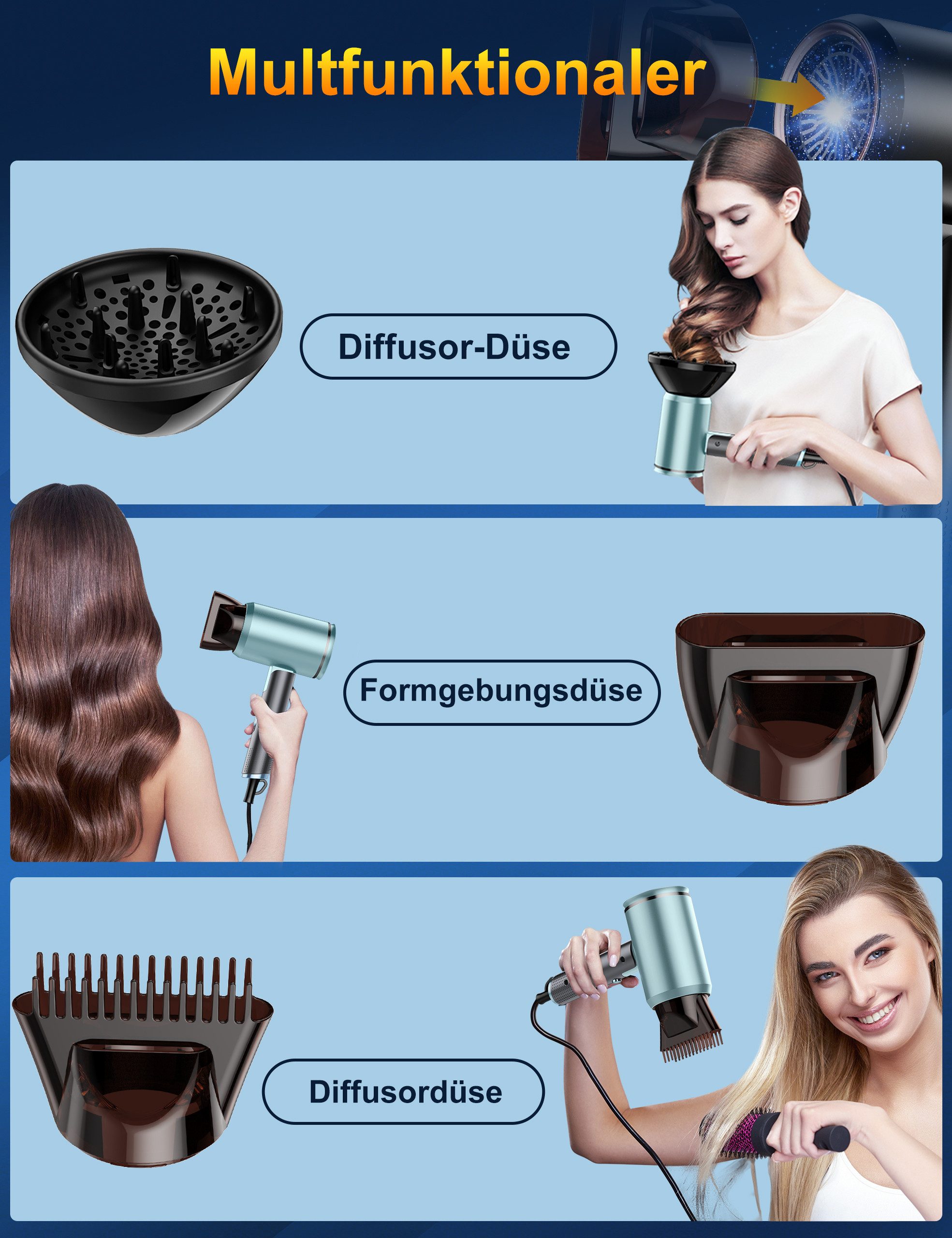 OYLCDI Haartrockner Föhn Ionen,klappbar, Weihnachtsgeschenk, Hair Dryer, 2400 W, mit 3 Stylingdüsen & 6 Temperatureinstellungen,Klappbar Haartrockner, Hairdryer – Bild 3 von 5