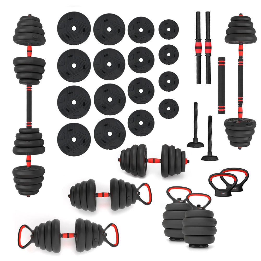 HMS Hantel-Set Kurzhantelset Kettlebell Langhantel, (Spar-Set, 51 cm Stange vielseitig), 6-in-1, 30 kg, 16 Scheiben, Kettlebell, Liegestütz