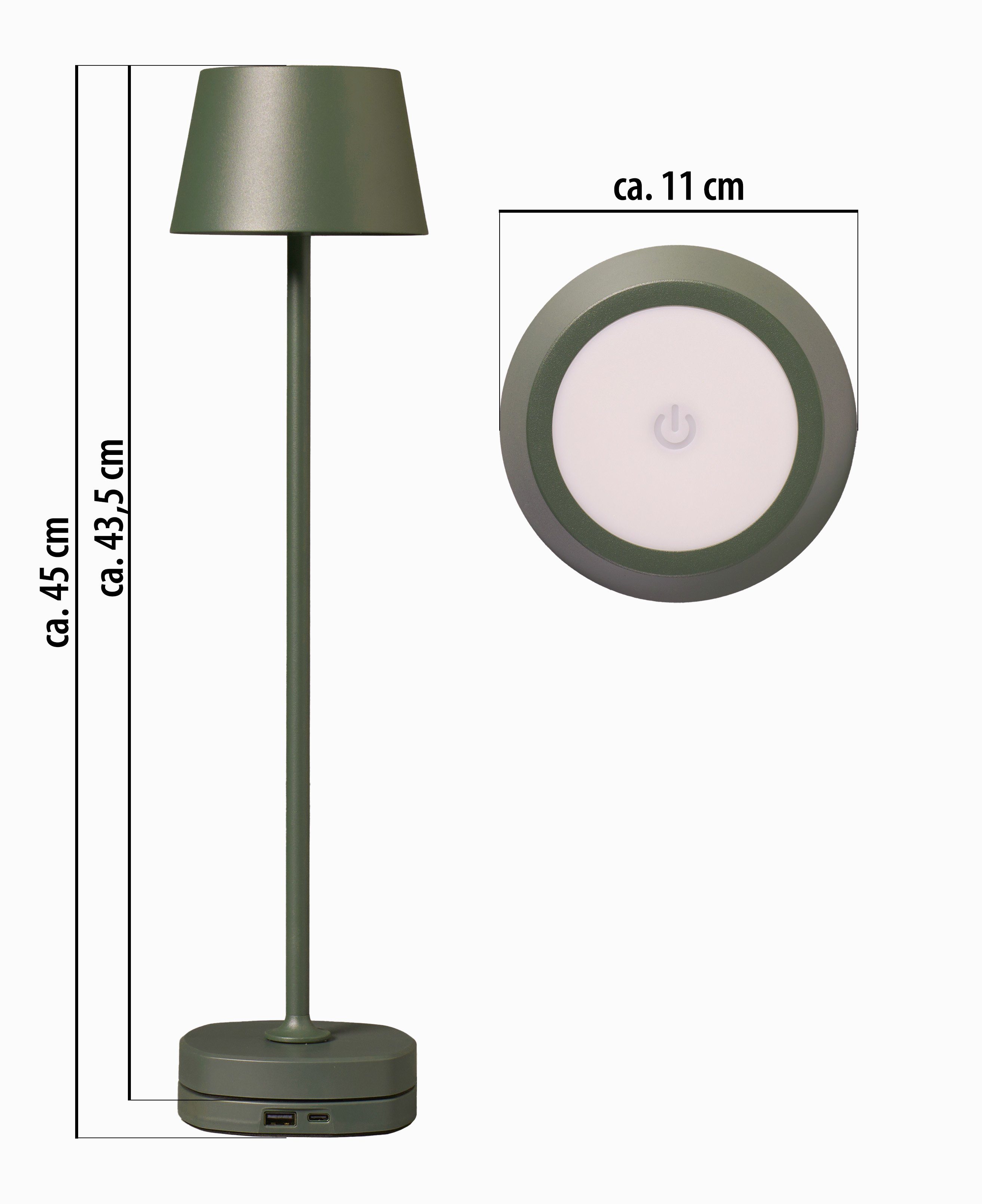Northpoint Tischleuchte Tischlampe dimmbar mit hoch max. Akku warmweiße LED 45cm Ladestation olivegrün