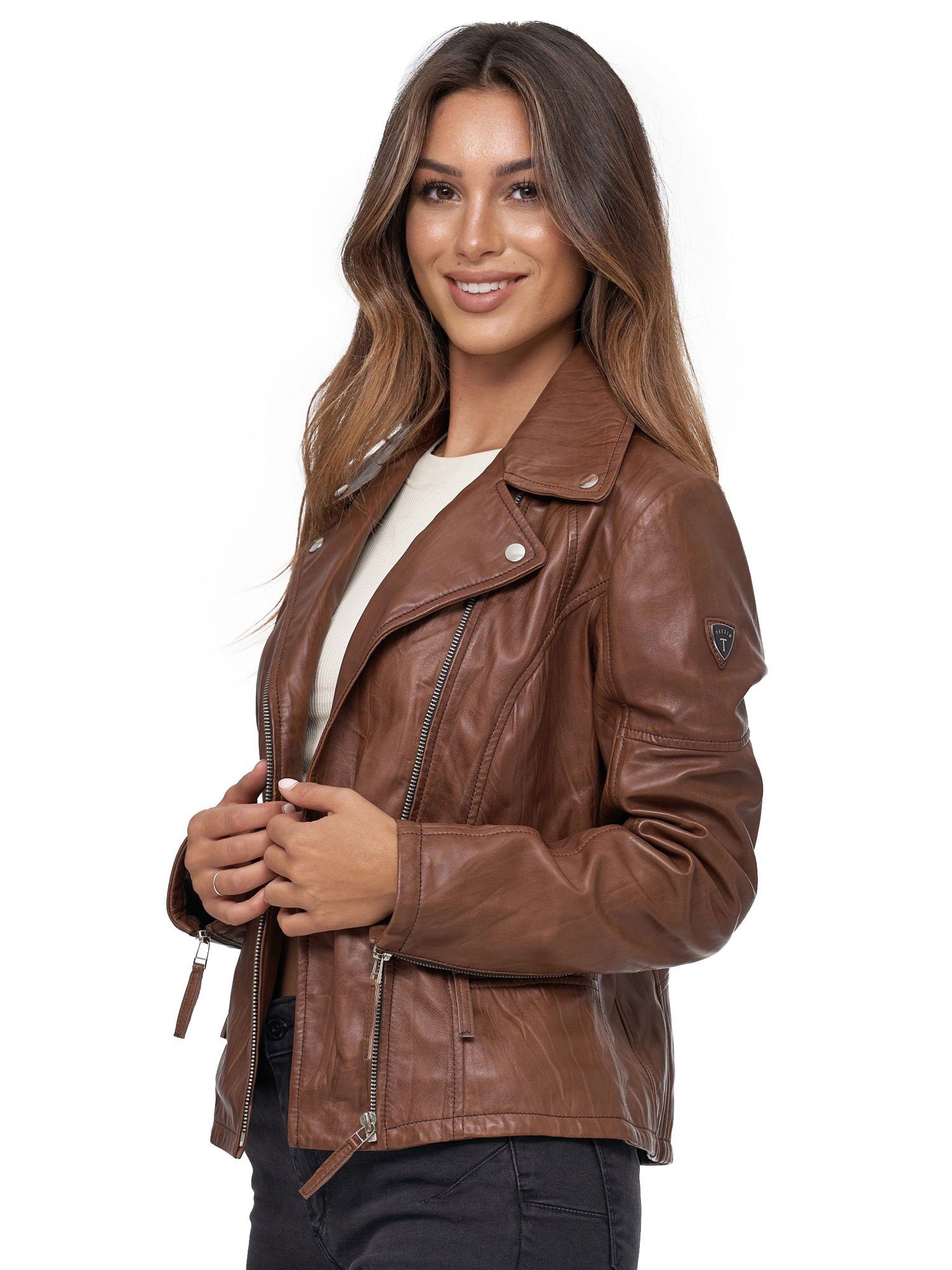 Tazzio Lederjacke F501 Look zeitlose mit Reverskragen Biker Damen Jacke braun im moderne &