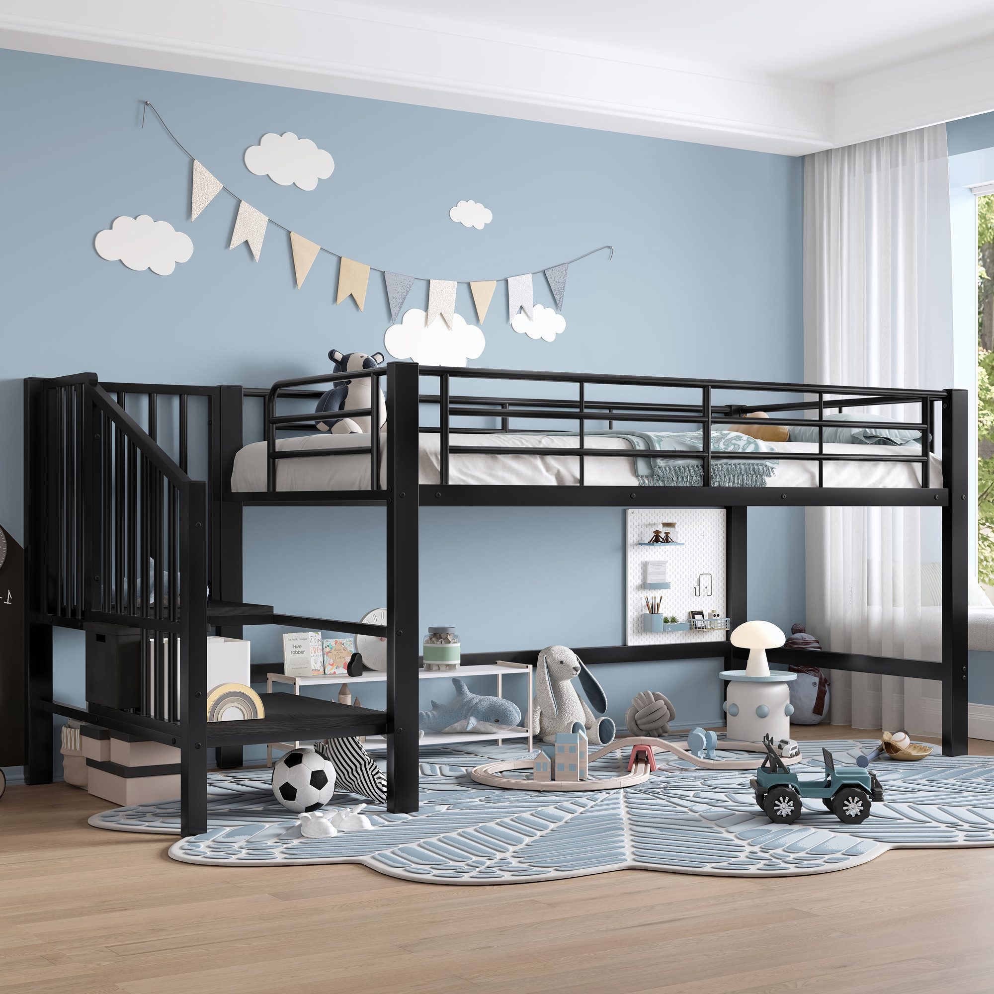 Flieks Hochbett Metallbett Kinderbett 90x200cm mit Treppe und Rausfallschut günstig online kaufen
