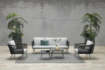 GMD Living Gartenlounge-Set CANBERRA, (Gartensitzgruppe / Gartenloungegruppe, 5-tlg., bestehend aus 3-Sitzer Sofa, 2 Sesseln und 2 Tischen, 8 Polsterkissen), trendige Loungegruppe in hippem Design, Trend: Rope