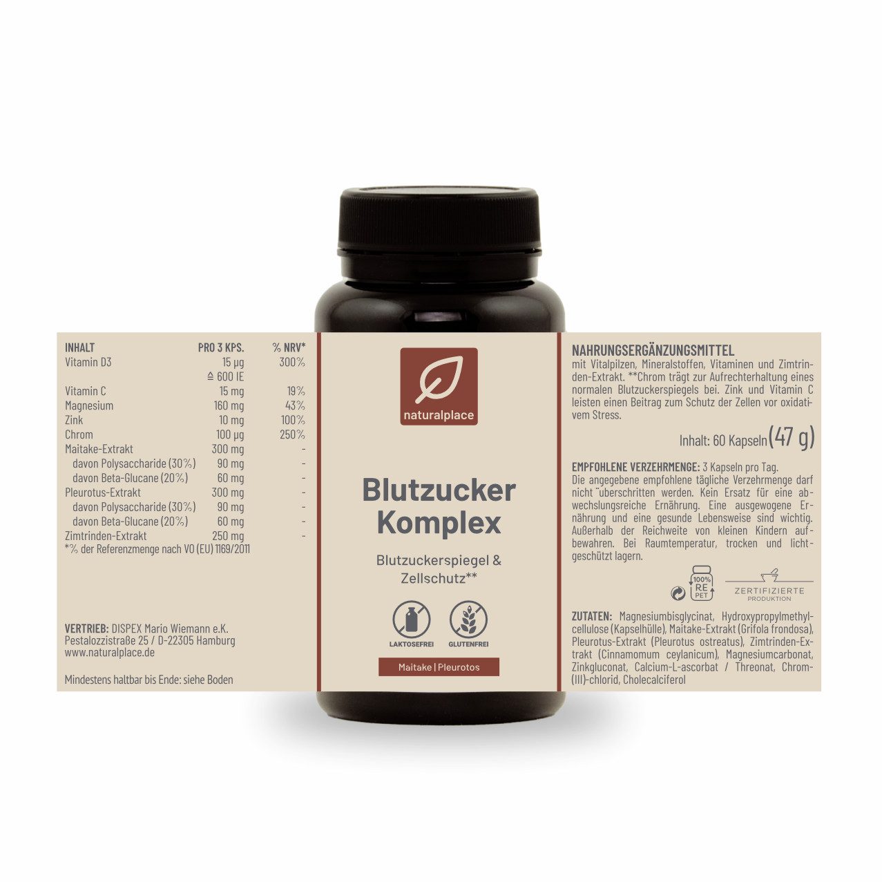 naturalplace® Blutzucker Komplex mit Vitalpilzen, Mineralstoffen & Vitaminen, 60 Kapseln, Zur Auftrechterhaltung eines normalen Blutzuckerspiegels - Zellschutz