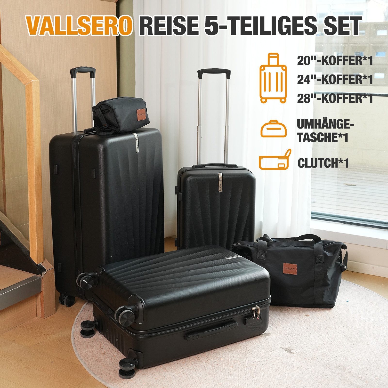 VALLSERO Trolleyset M-L-XL-Set, Gepäck mit Kosmetiktasche, Hartschalen-Koffer, 5-teiliges Set, hochfestes ABS-Gehäuse, 360° geräuschloses Rad – Bild 2 von 5