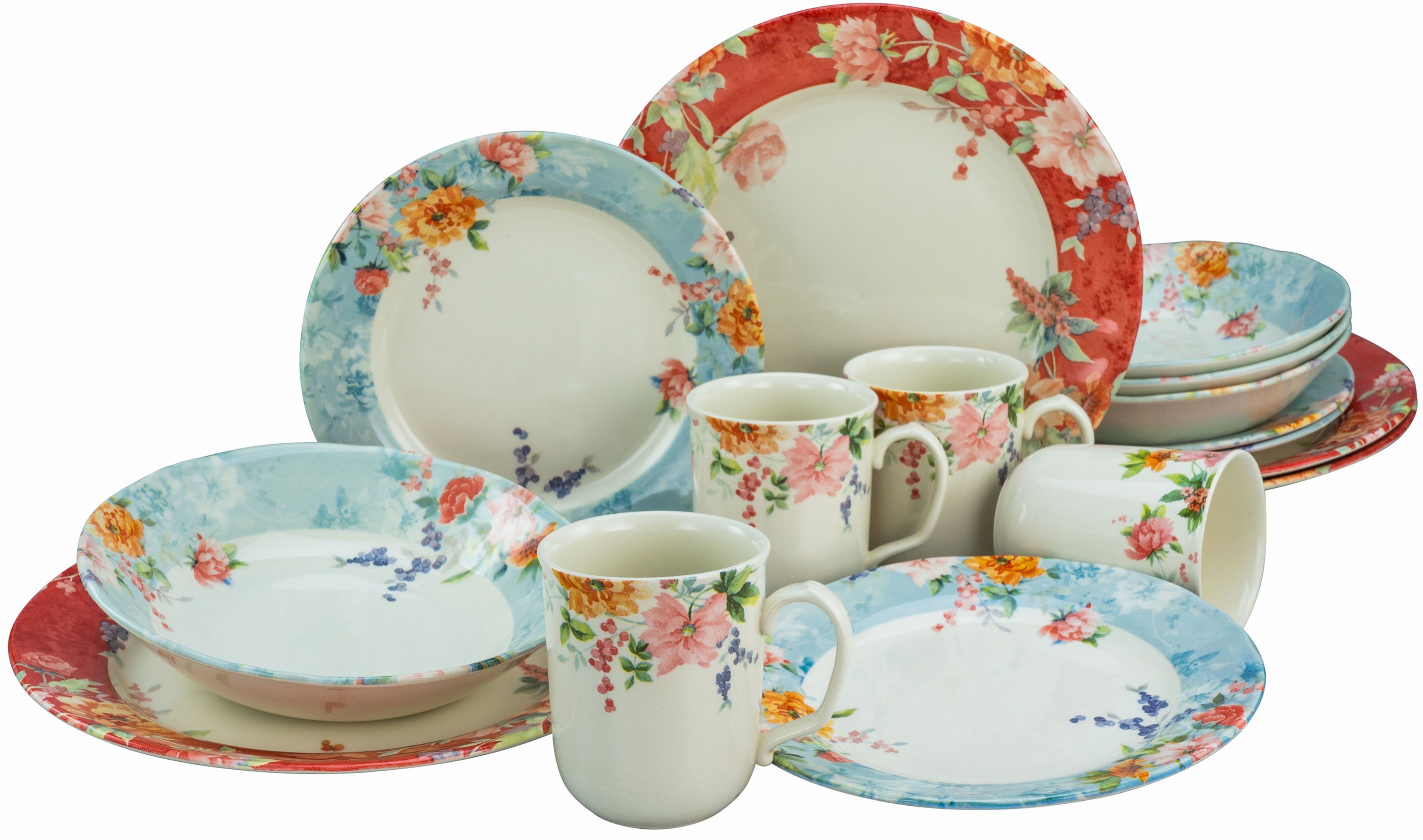 CreaTable Комбинированное обслуживание Geschirr-Set Crimson (16-tlg), 4 Personen, Steingut, Service, abwechslungsreiches Rosendekor, 16 Teile, für 4 Personen