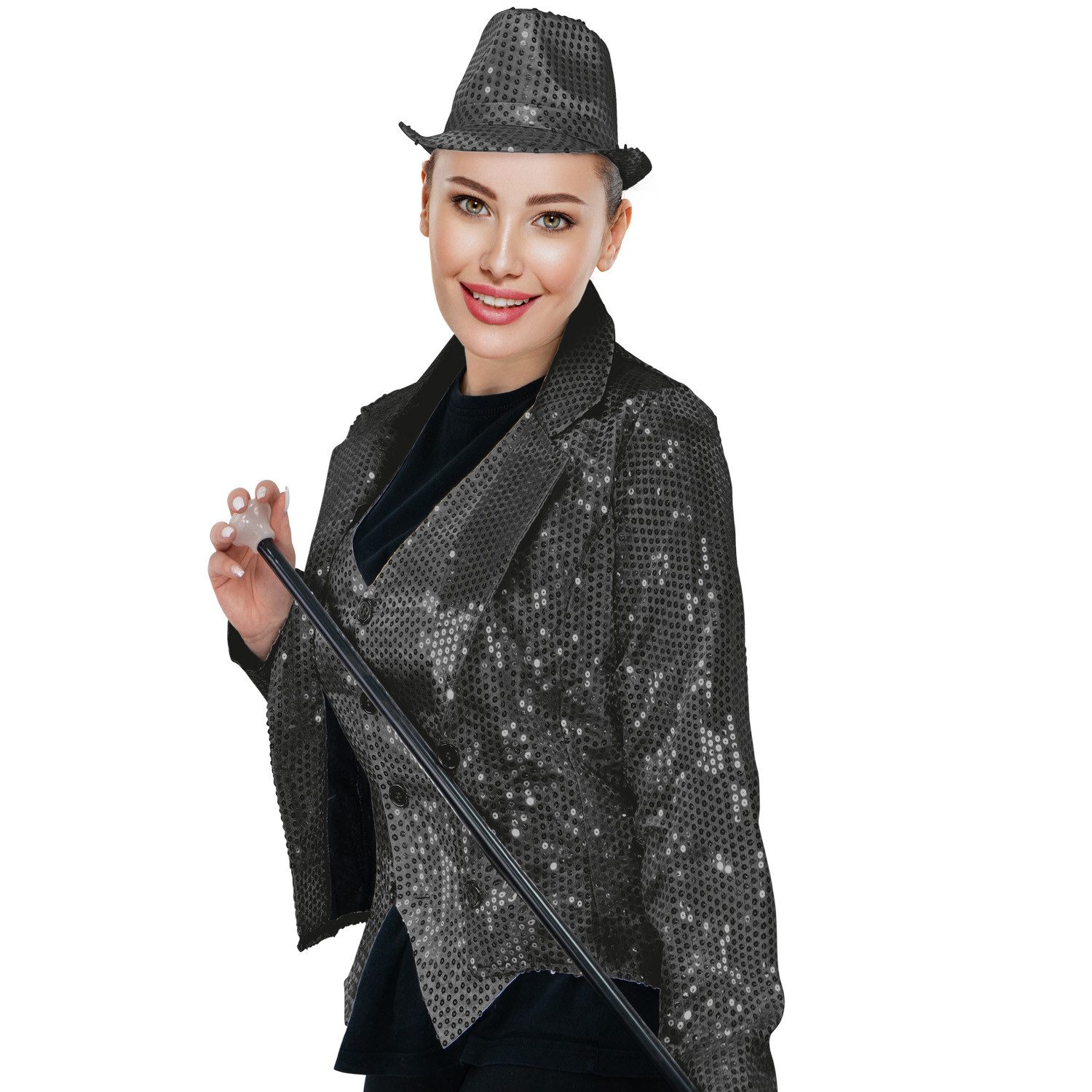 Party Factory Kostüm Pailletten Frack Damen Schwarz S mit Knopfleiste Karneval, mit glitzernden Pailletten versetzt