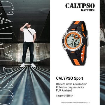 CALYPSO WATCHES Digitaluhr Calypso Kinder Uhr K5558/4 Kunststoffband, Damen/Herren Armbanduhr rund, PURarmband schwarz/orange, Sport