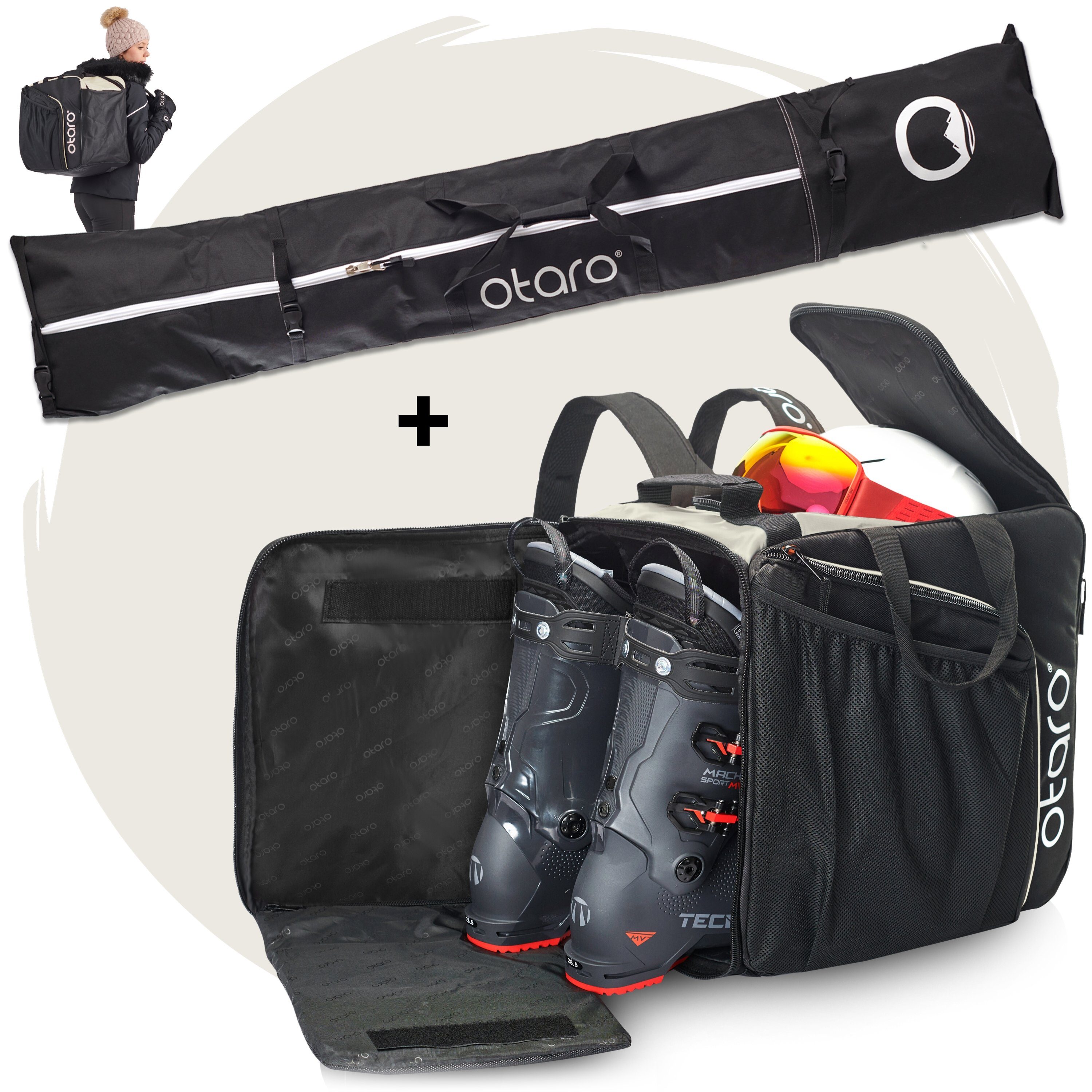 Otaro Skitasche Set: Skischuhtasche mit Schuhfach & Skitasche, Pro-Set für 2 Paar Ski (Schutz für deine Ausrüstung, Perfekt durchdacht, ausklappbare Standfläche, für 2 Paar Ski + Stöcke) Schwarz Frostweiß
