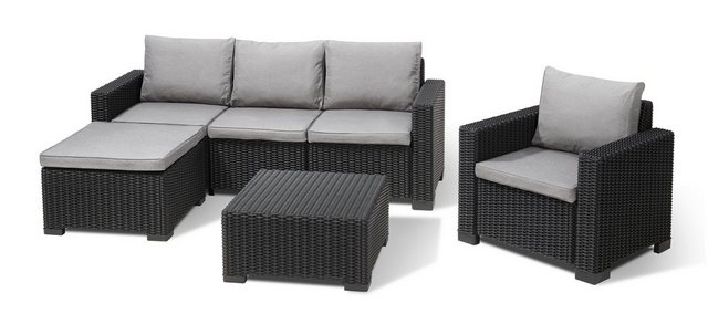 Keter Loungeset Allibert Moorea Loungeset anthrazit oder braun mit Sessel und Hocker, (Loungeset, 4-tlg., inkl. Polsterauflagen), 1x 3-Sitzer, 1x Sessel, 1x Hocker, 1x Tisch