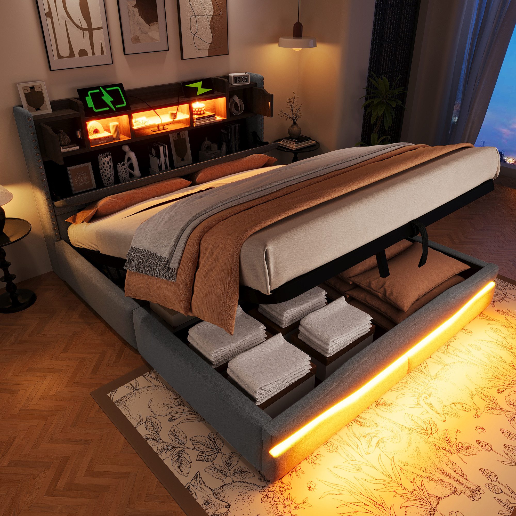 muvano Bett Polsterbett 160x200cm Grau Hydraulisch Stauraumbett mit LED USB