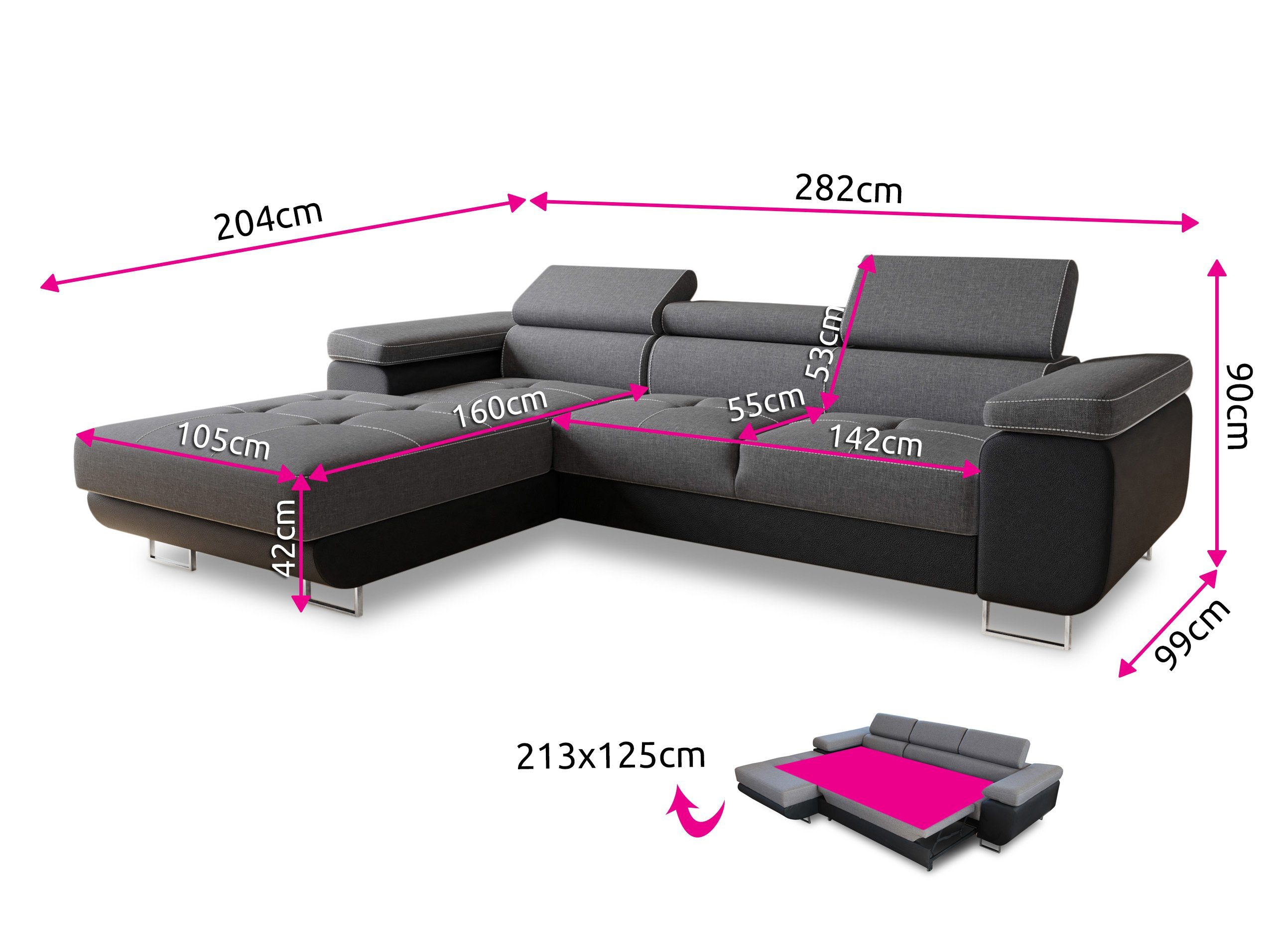 Sofnet Ecksofa Divo, mit Schlaffunktion und Bettkasten, Schlafsofa mit einstellbare Kopfstützen - Wohnlandschaft