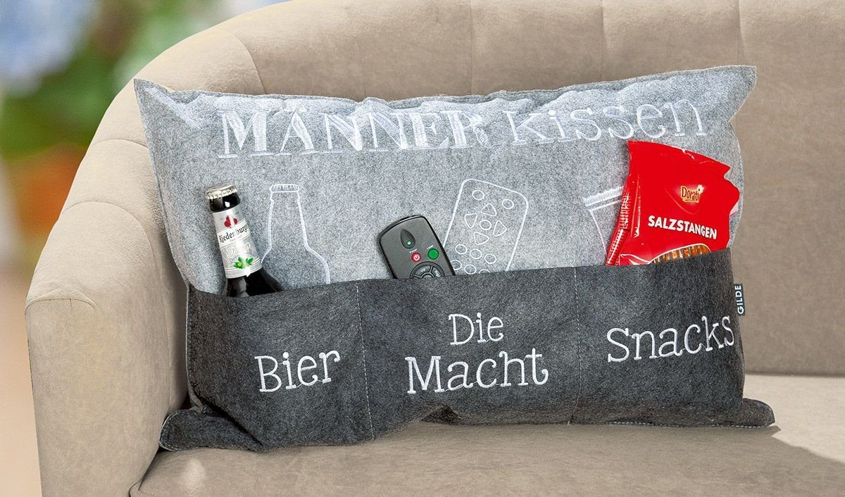 M GILDE hellgrau/dunkelgrau bestickt Männerkissen / „Bier“ Dekoobjekt Taschen, mit „Die