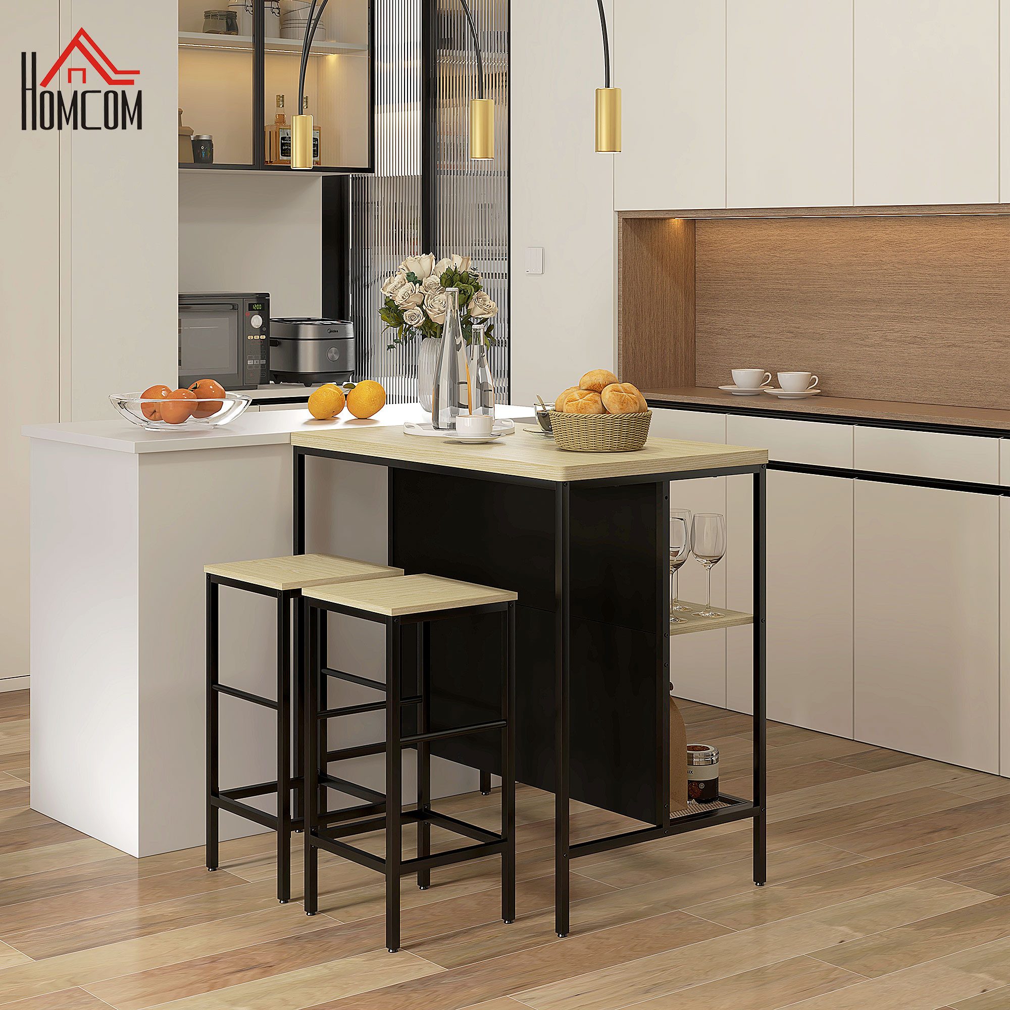 HOMCOM Bargruppe Barhocker Set, Essgruppe mit 2 Barhocker, 2 Ablage, Stahl, Eiche, (Küchentisch, 3-tlg., Bartisch), für Essenzimmer, Schwarz